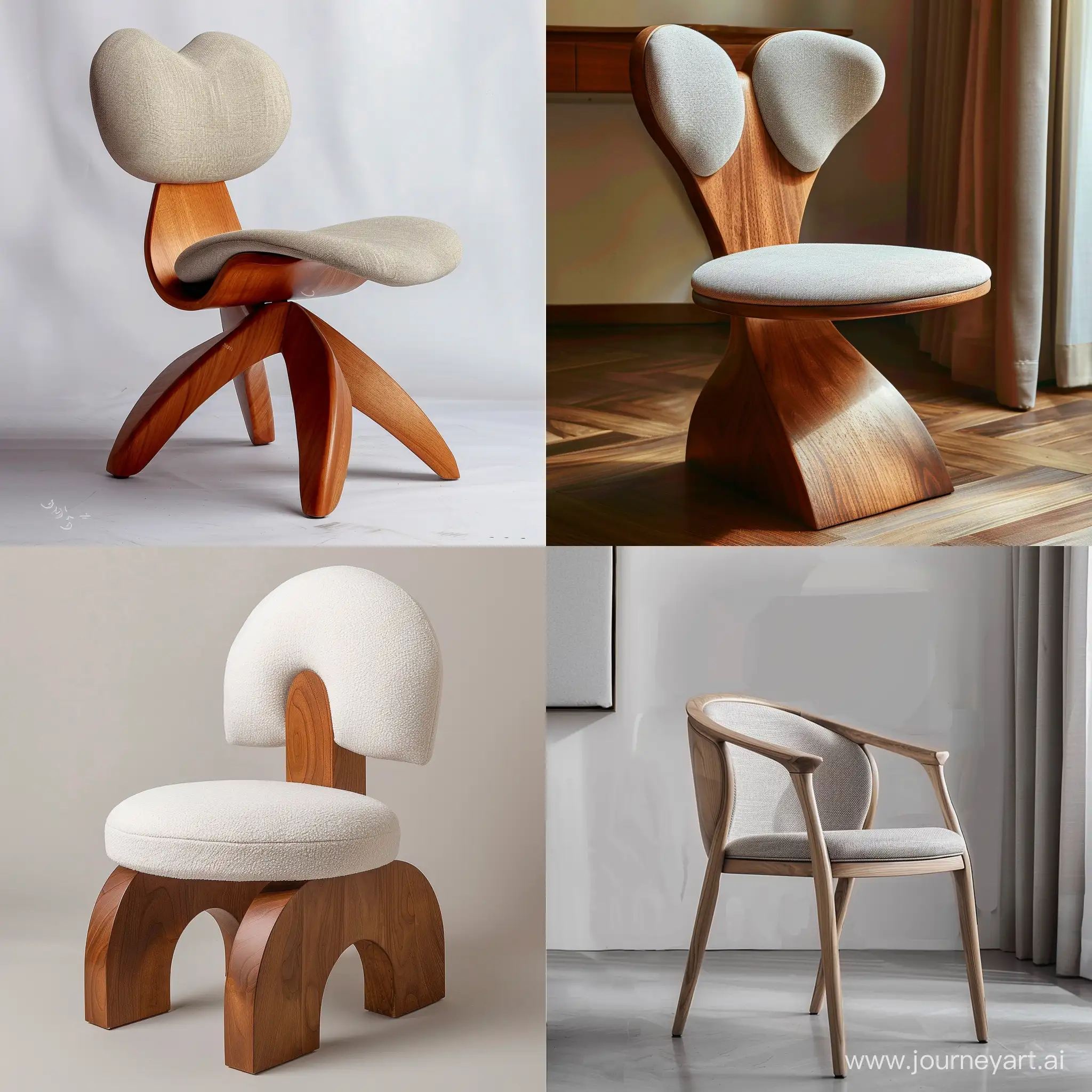 Enter a description of the picture you want to generate. For example: interesting chair in the style of shape of the hieroglyph comfortable,concise,tactile,modern, wood, solid, soft fabric seat elements