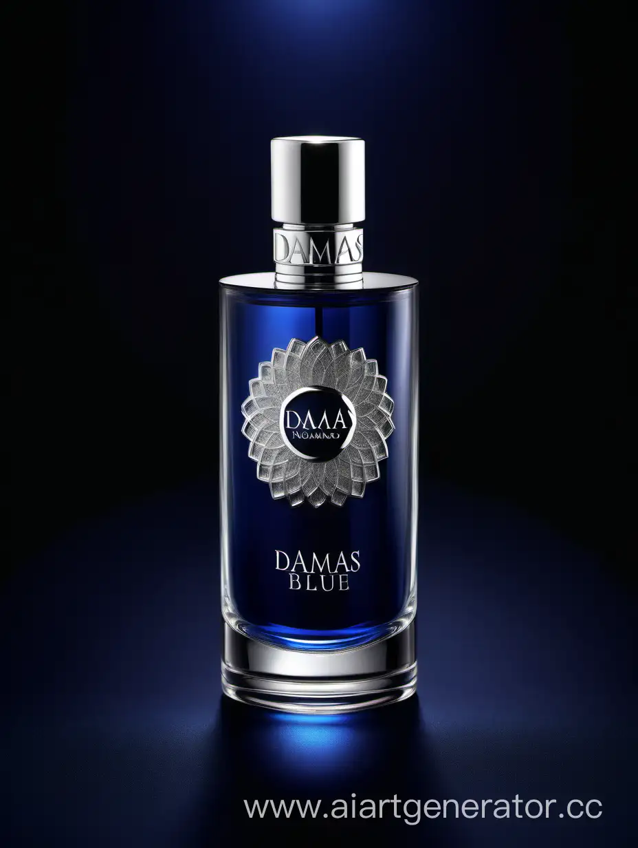 A luxurious (((silver and dark matt blue perfume))), textured crafted with intricate 3D details reflecting light around a ((black background)), with a elegant ((Damas text logo))