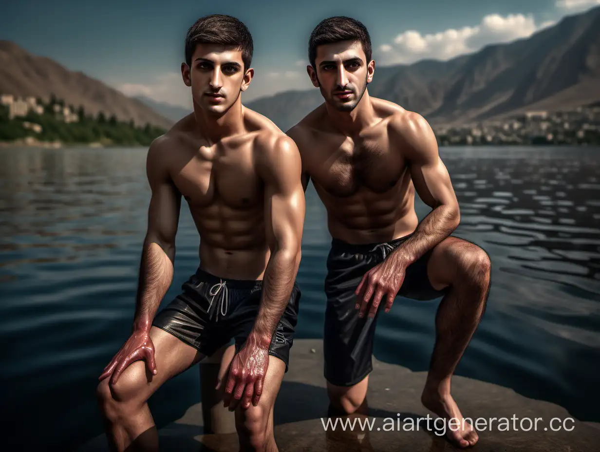 look at the viewer,masterpiece,best quality,highly detailed face,highly detailed background,perfect lighting,photorealistic,intricate details,depth of field, two youngs male armenian,abs,athlete, jock,at an appointment with a proctologist,ripples on the surface of the lake,circles from touch,one leg bent at the knee,prickly hair,total darkness,slippery walls,gloves,short hair cut,