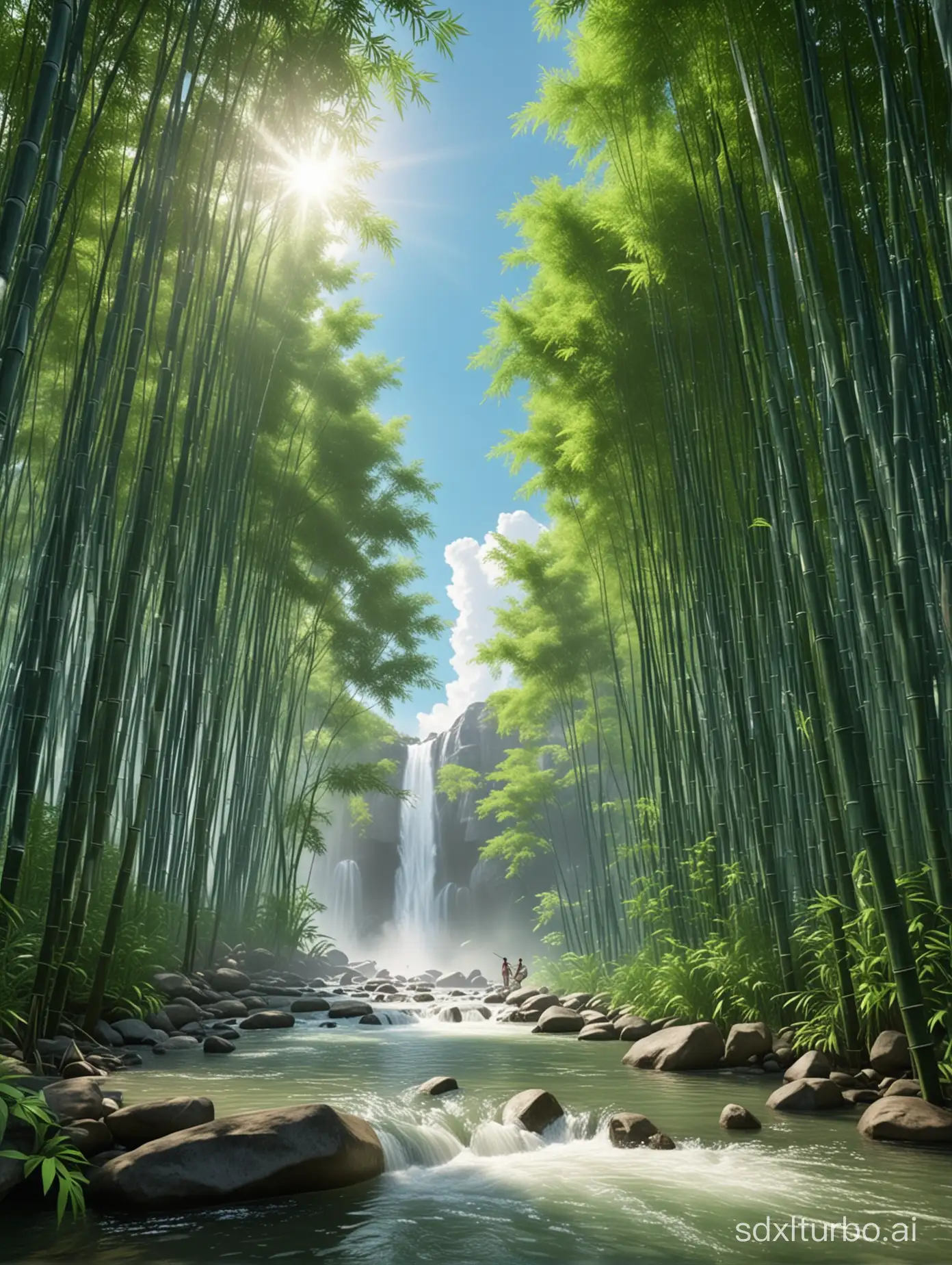 Blue sky and white clouds, (bamboo forest), lake, waterfall person. Soft bamboo turns green, tree shade blocks the sun, waterfall flight, gushing spring water, highest quality to the highest, ultra-detailed, best shadow, 8k, official art