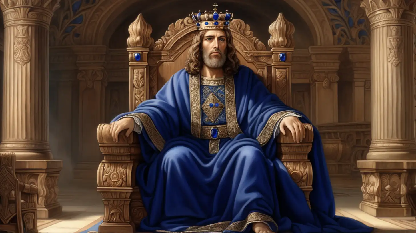 epoque biblique, le roi d'israel, superbe couronne ornée de pierres précieuses, barbe courte, cheveux marron clair mi long, yeux vers foncé, manteau royal bleu, assis dans son trone en bois sculpté, dans un palais