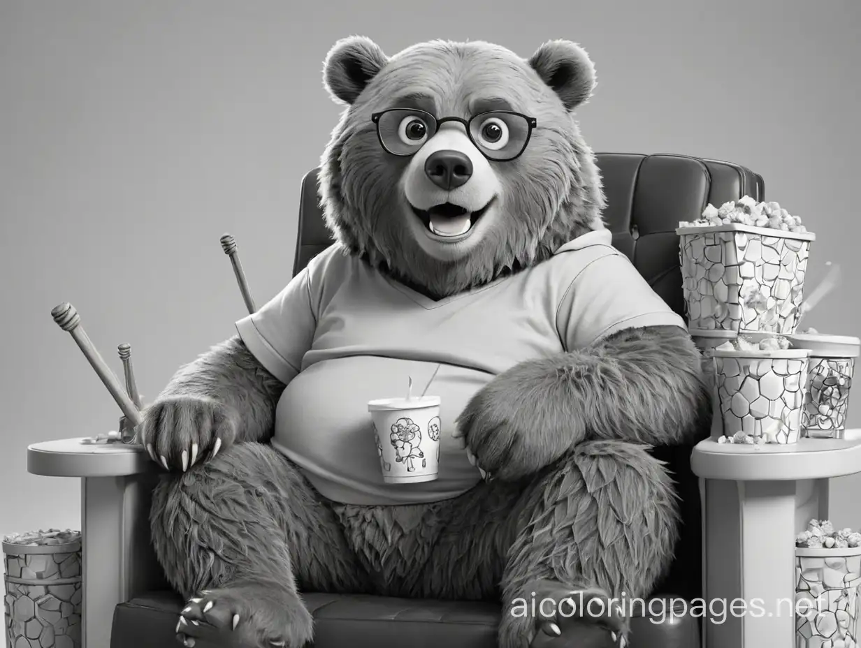 A grizzly bear sitting on a movie theater chair wearing Black glasses and has a bunch of honey pots and honeycomb sitting next to the bear., Coloring Page, black and white, line art, white background, Simplicity, Ample White Space. The background of the coloring page is plain white to make it easy for young children to color within the lines. The outlines of all the subjects are easy to distinguish, making it simple for kids to color without too much difficulty