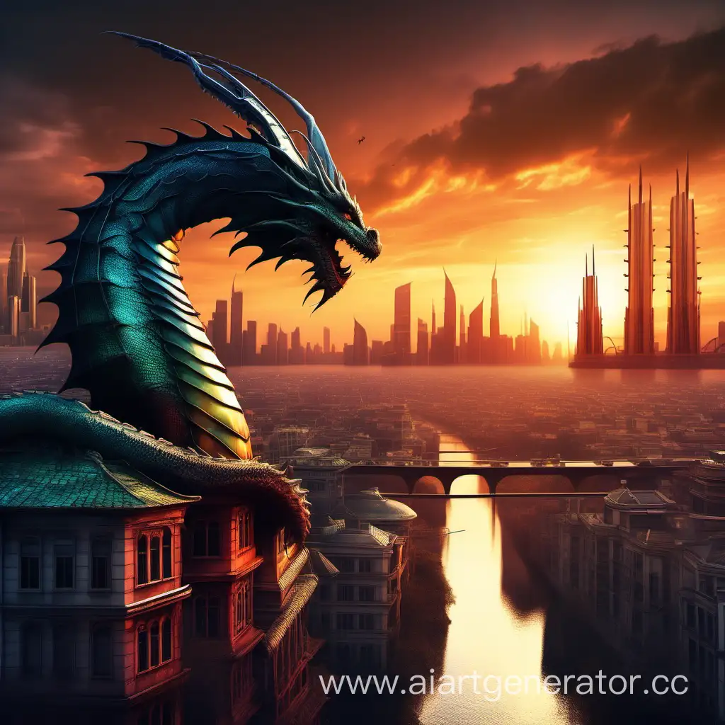 Futuristic-Cityscape-with-Majestic-Dragons-and-Scenic-Sunset