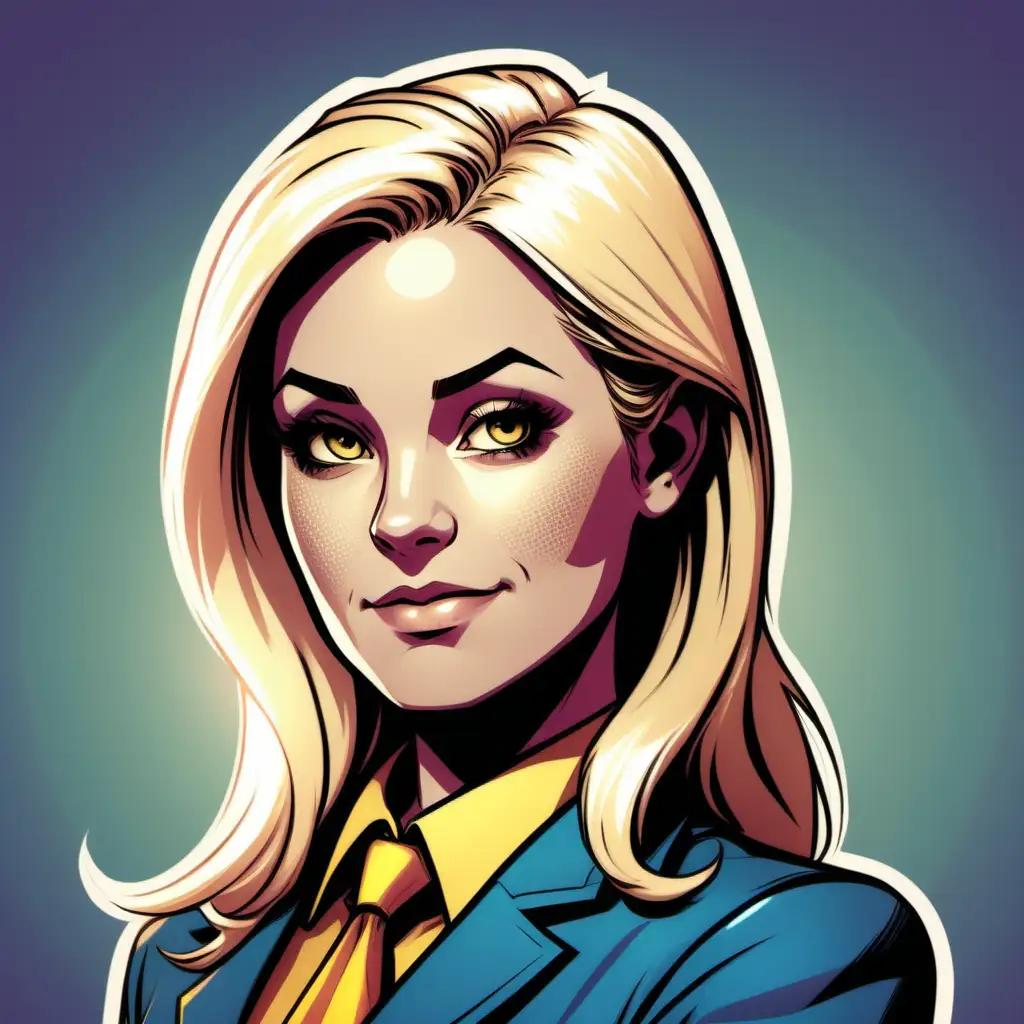 /envision a blonde teacher as an avatar/ motioning people to join her/ comic book vibes

