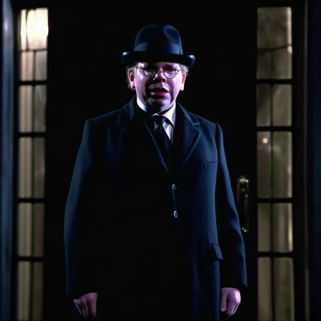 Actor Ronald Lacey man in black coat tie and black fedora hat with wire rimmed glasses at open front door of large manor house dark at night