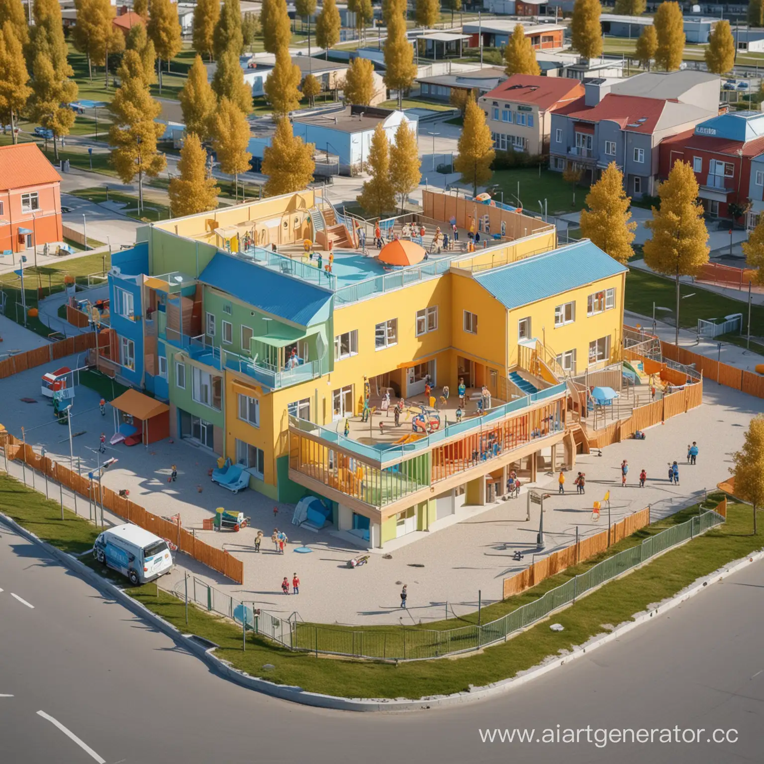 Vibrant-Kindergarten-Building-with-Playful-3D-Characters-and-Caregiver