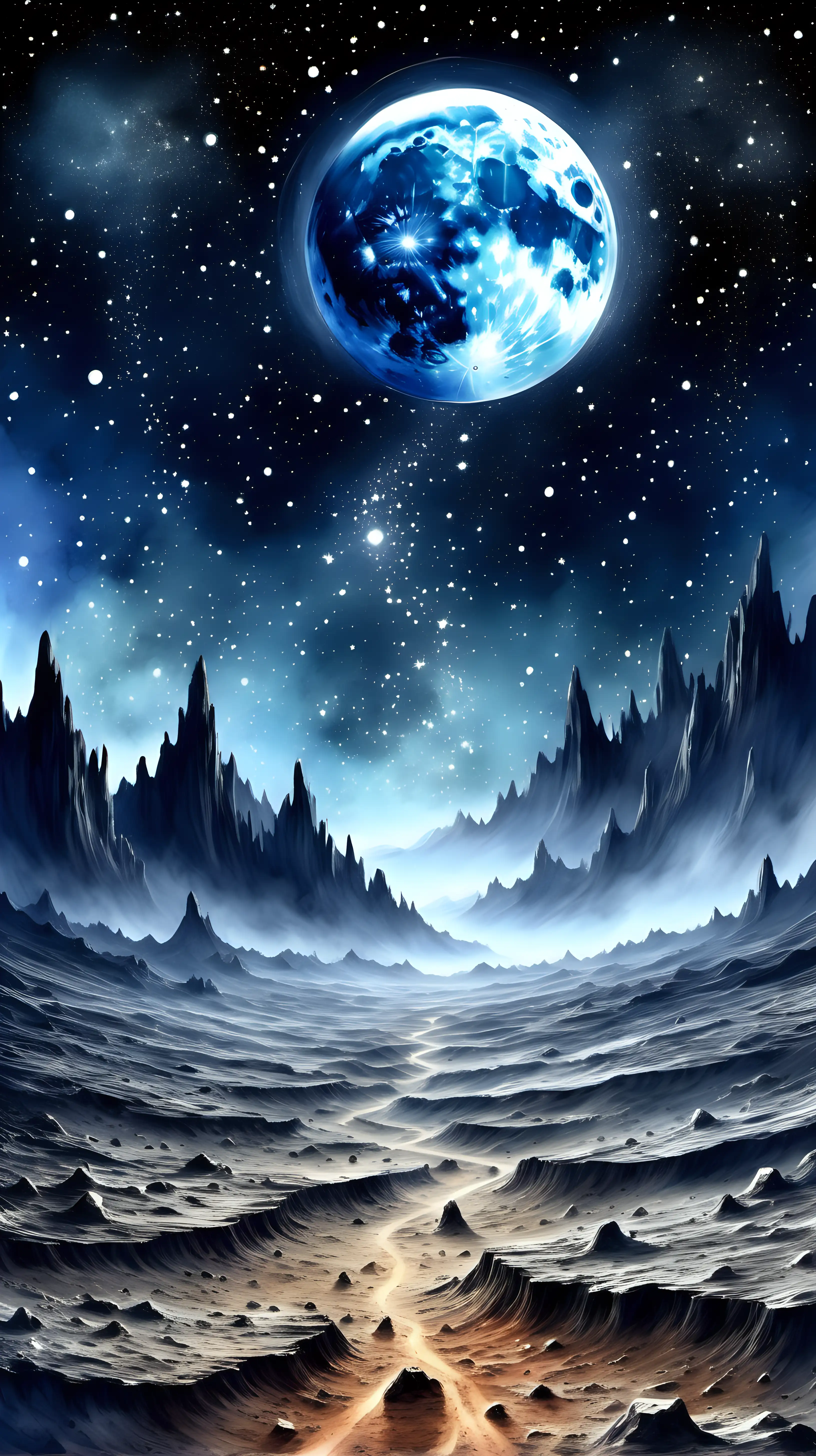 magical, ground shining beautiful image from the moon, moon landscape, earth in the background, many stars, earth in the background, use watercolor style
