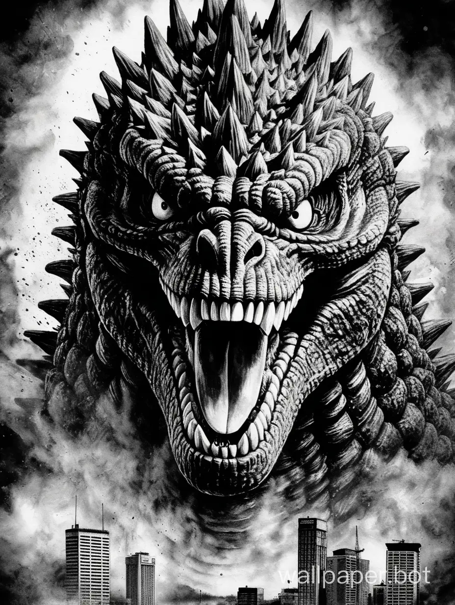 Furious-Godzilla-Roaring-Over-Japanese-City-in-Dramatic-Monochrome-Poster