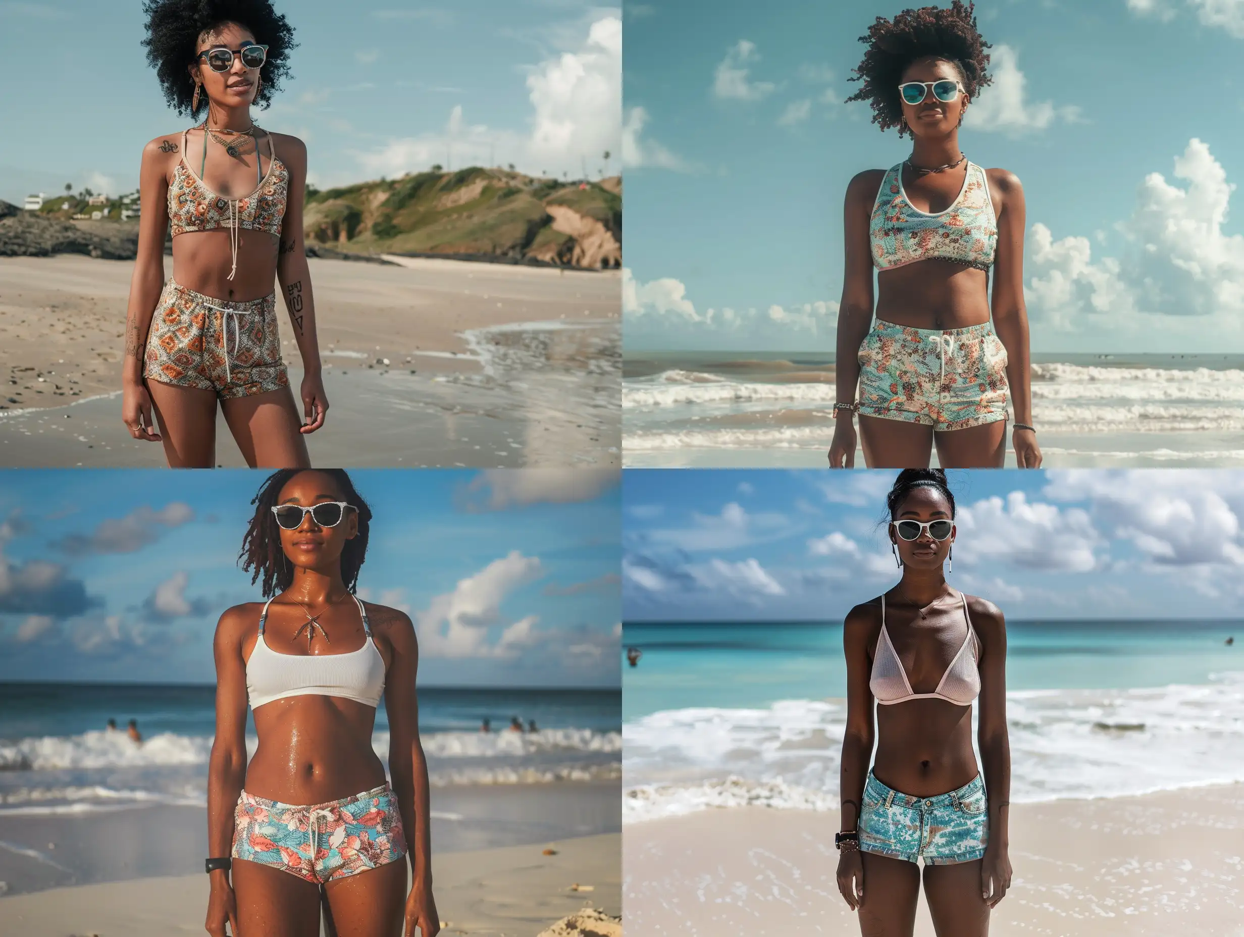 Stylish-Black-Woman-Enjoying-Beach-Sunset-in-Trendy-Sunglasses-and-Summer-Attire