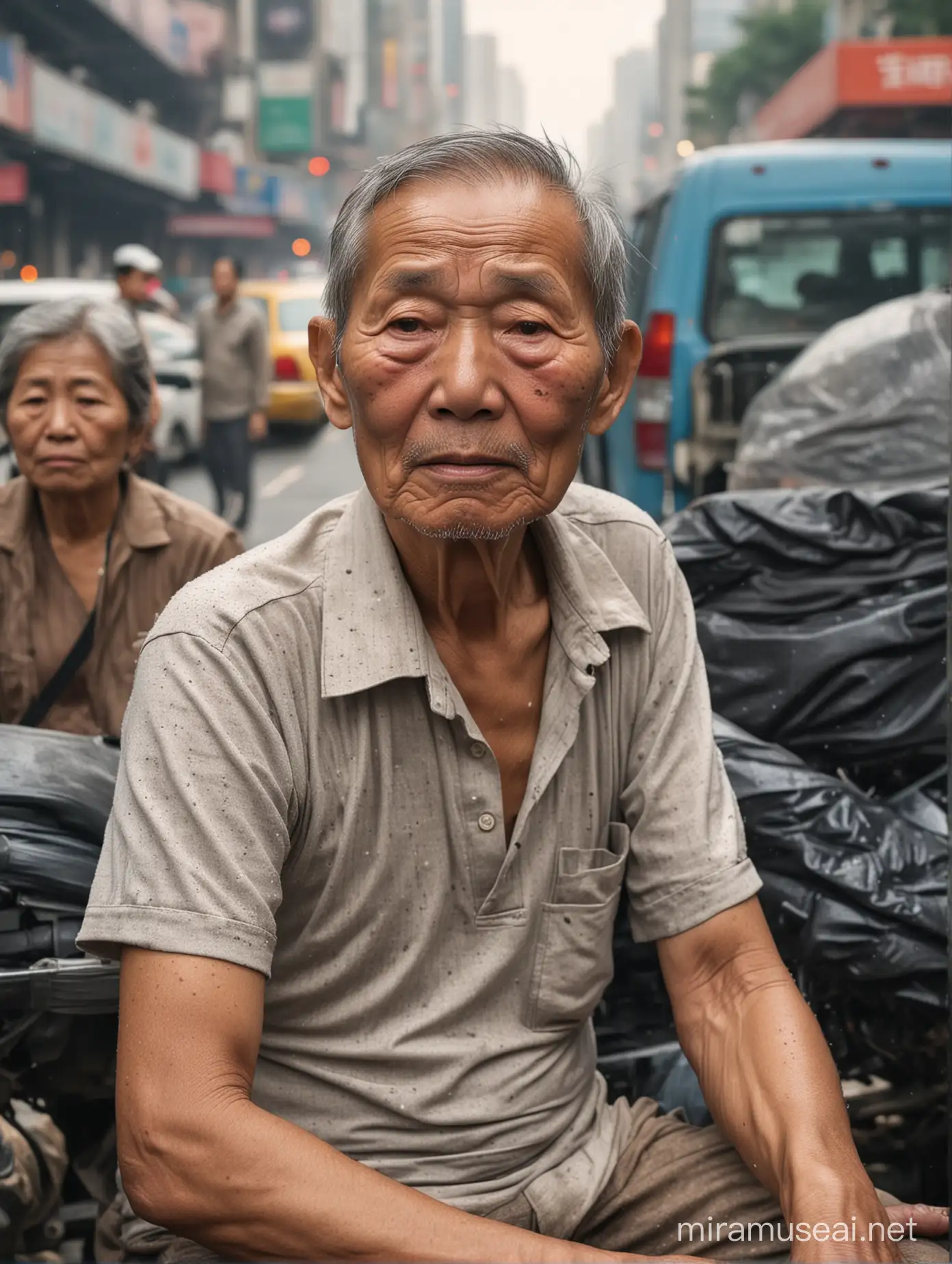 potret telihat seorang orang tua asia yang lagi duduk penuh dengan keringat di sekujur tubuhnya raut wajah nya terlihat kecapean, latar belakang kota yang padat dengan lalulalang mobil motor orany yang berjalan kelihat sibuk masing dan banyak polusi udara