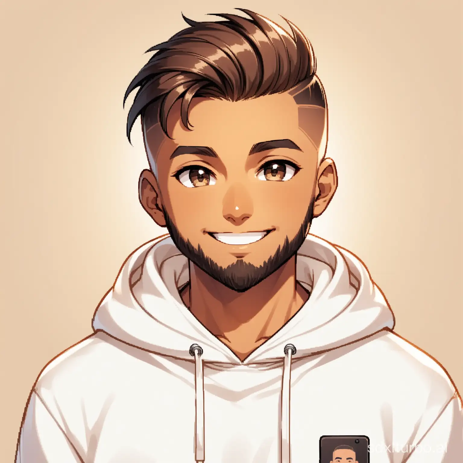 Generate an image featuring a brown-white-skinned developer with dark eyes, an undercut hairstyle, a round face, and a light beard, wearing a white hoodie and a smile on his face and looking in front standing straight with hands inside the hoodie pocket.