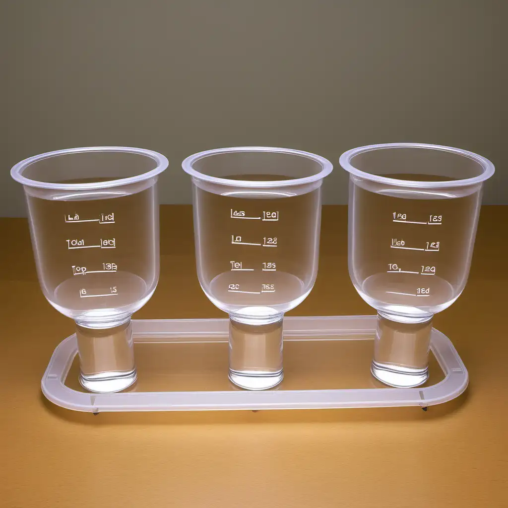 create an image of a lab table with three clear glass bowls on the top. each bowl is sealed. the first 15 filled with water. the second is 2/5 filled with water, the third is 3/5 filled with water. show them from the side angle to see the differing amounts of water in each container. show the varied amounts of water. the top should be sealed with a clear lid.