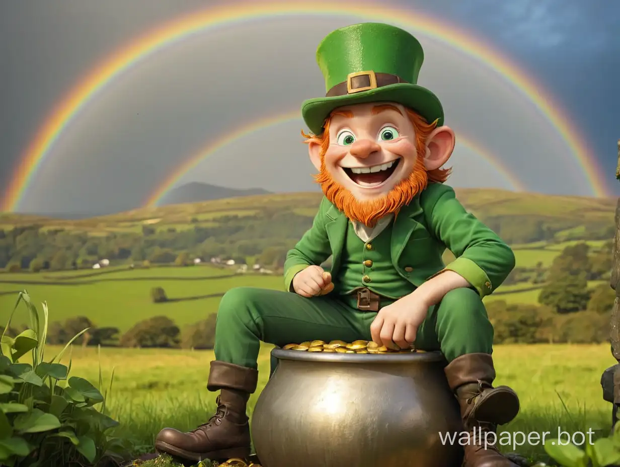 Cheeky-Leprechaun-Sitting-on-Pot-of-Gold-at-End-of-Rainbow-in-Lush-Irish-Countryside