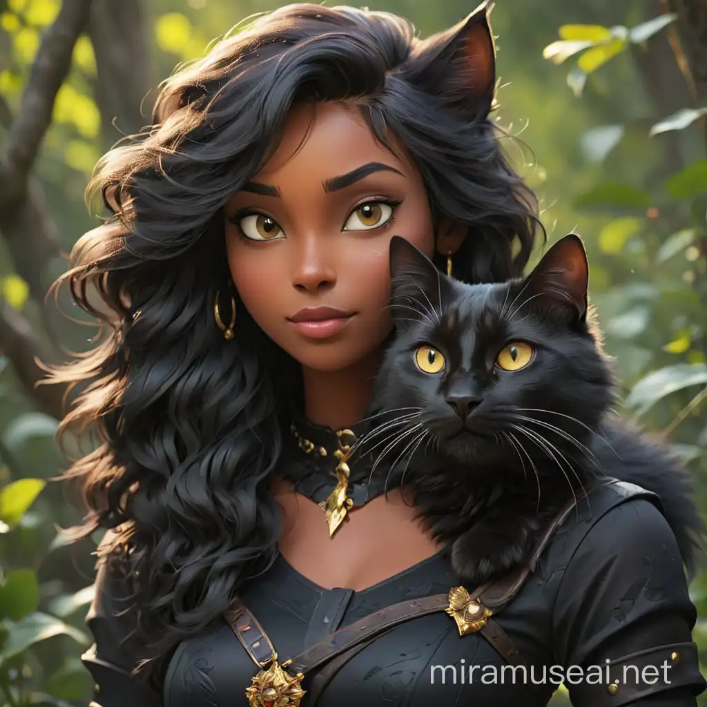 Elegant Brave Black Cat Lady in Enchanting Forest