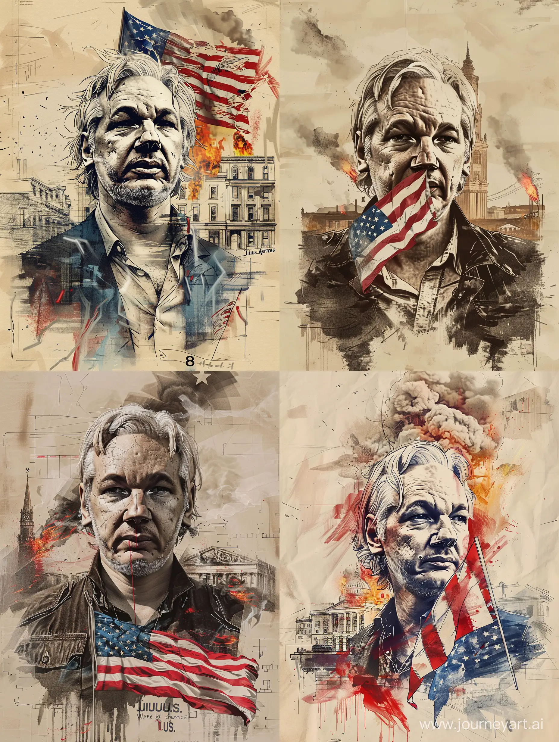 poster, loose sketch portrait of Julius Assange, Mouth tapped with US flag, influence of tolouse lautrec, background of old buildings or US War crimes or Exposing US crimes, historical objects or fire or clouds or something extraordinary and inspiring but blurred, 8k --ar 3:4 --stylize 200 --v 6