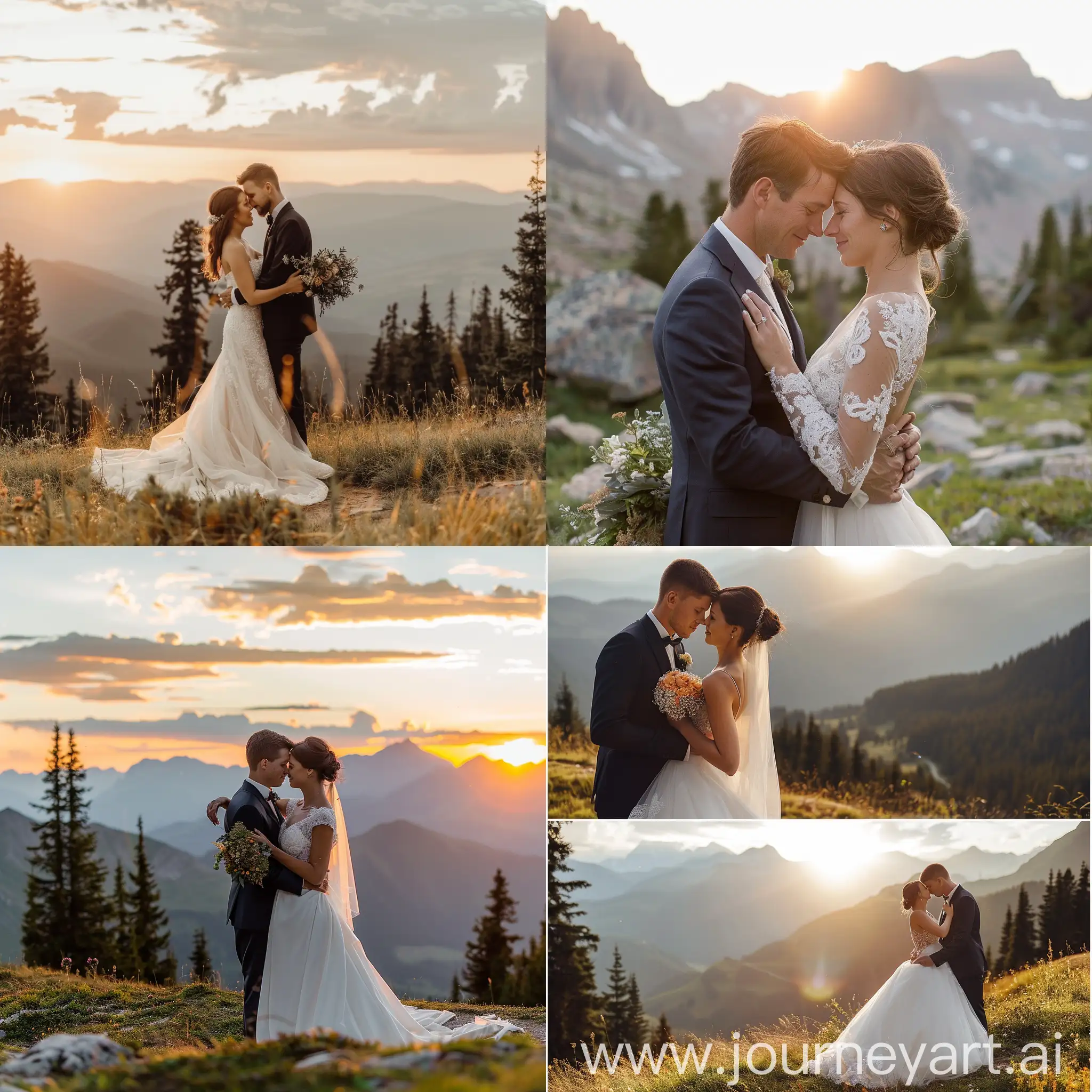 Пара жениха и невесты в горах летом на рассвете 
