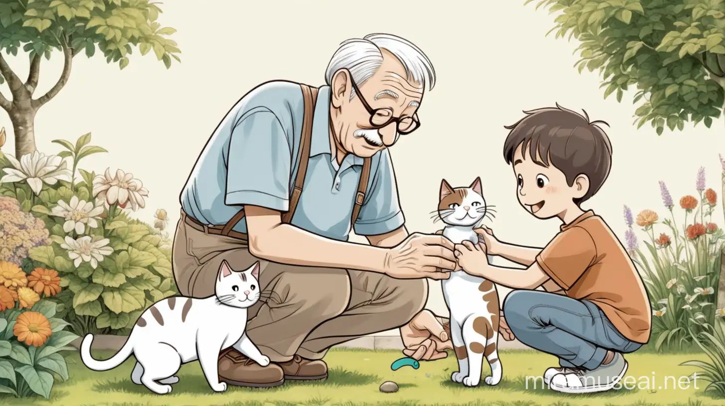 An old man and a young boy playing with a cat in a garden. Please make the image cartoon type.