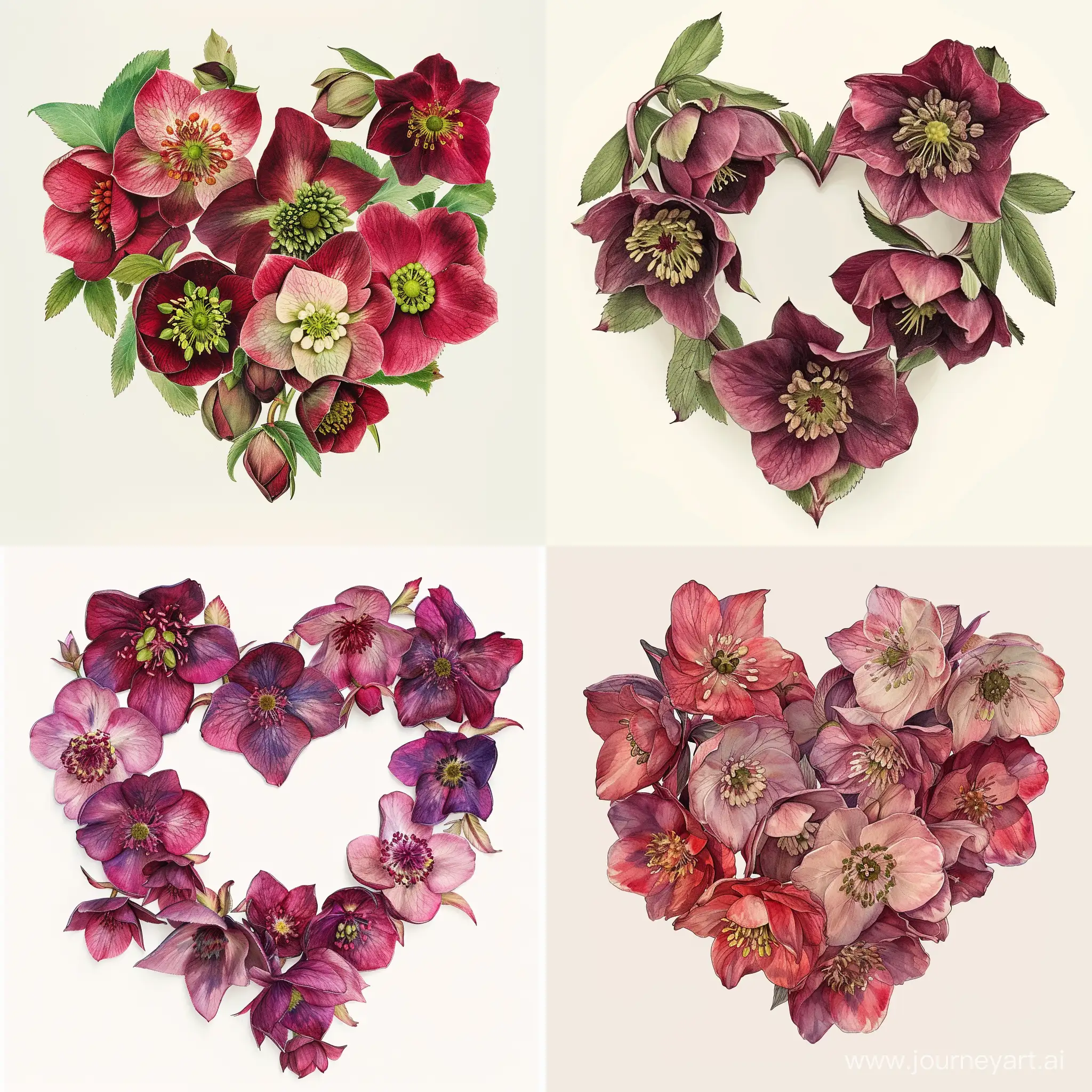 a valentine made of hellebore in a botanicals illustration style
