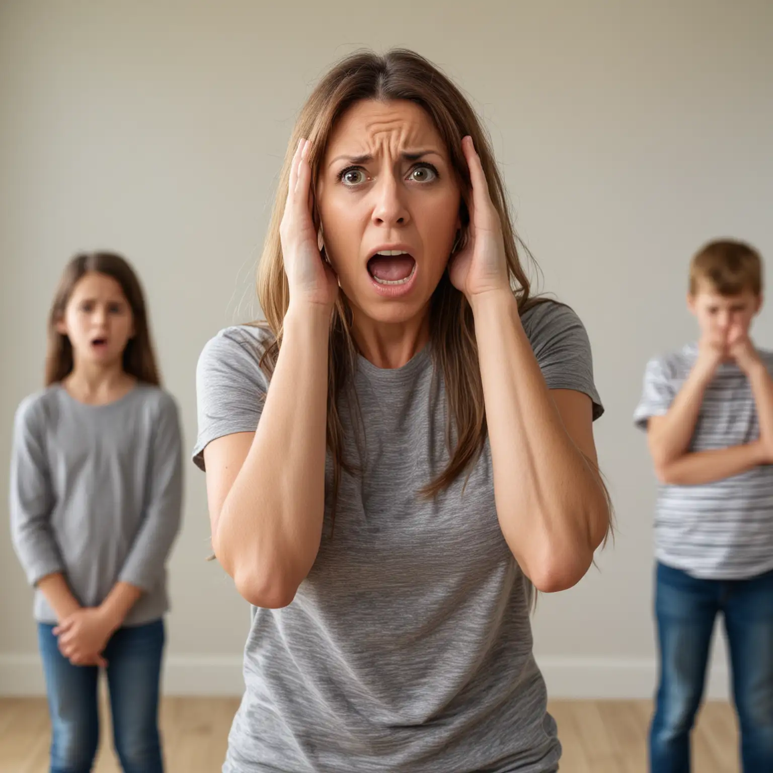 35 year old depressed woman standing in front of her kids frustrated and angry