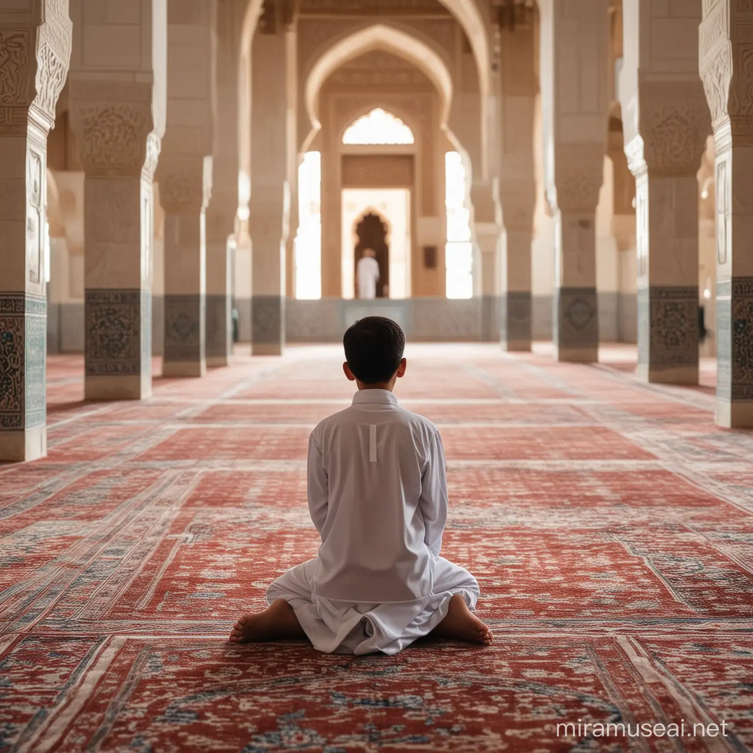 create a muslim boy praying in the  mosque and you only see his back

