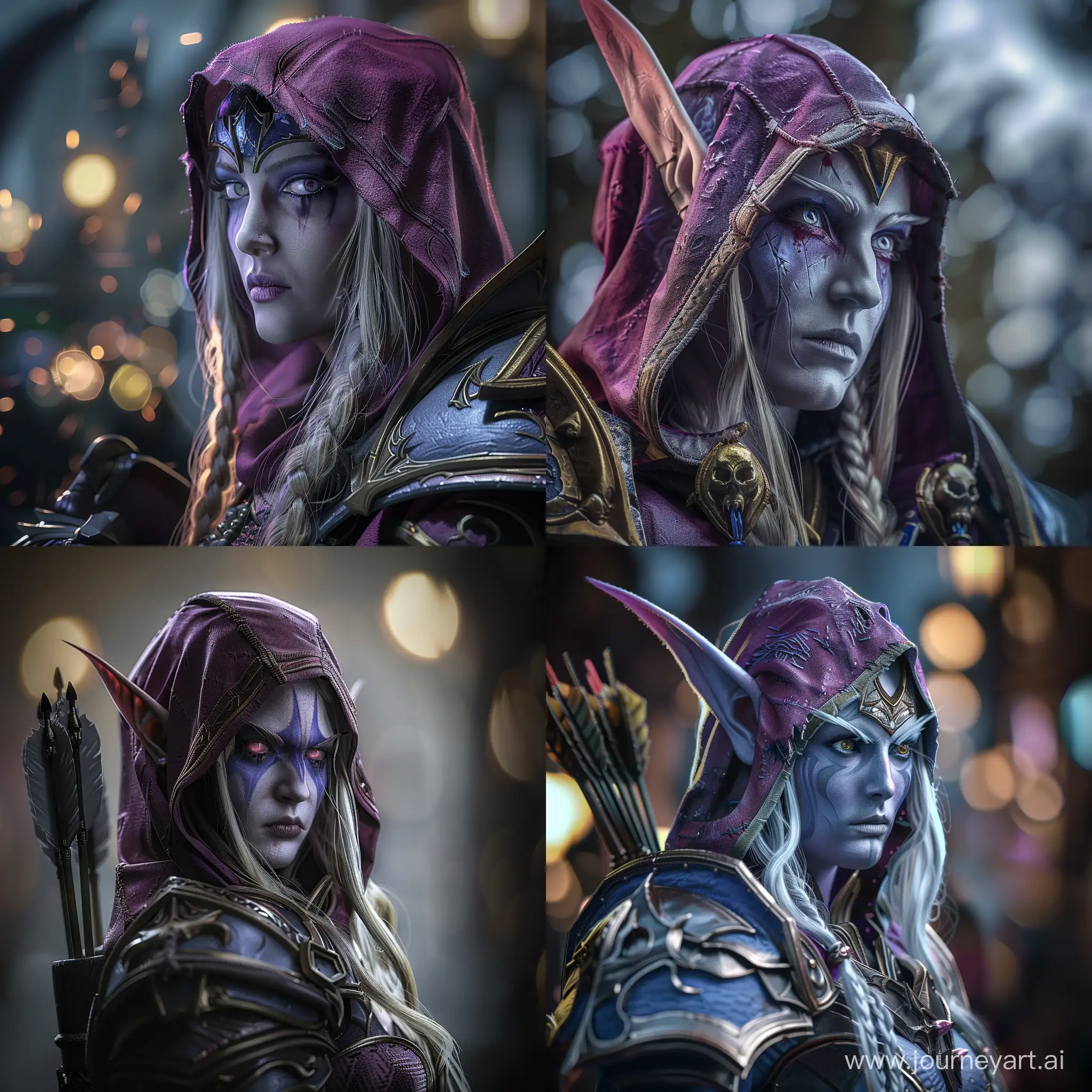 world of warcraft Sylvanas Windrunner character, ultra realistic, hyber detailed, modelcore, portrait photo. use sony a7 II camera with an 30mm lens fat F.1.2 aperture setting to blur the background and isolate the subject. use distinctive lighting on the subjects shot. The image should be shot in ultra-high resolution. --v 6