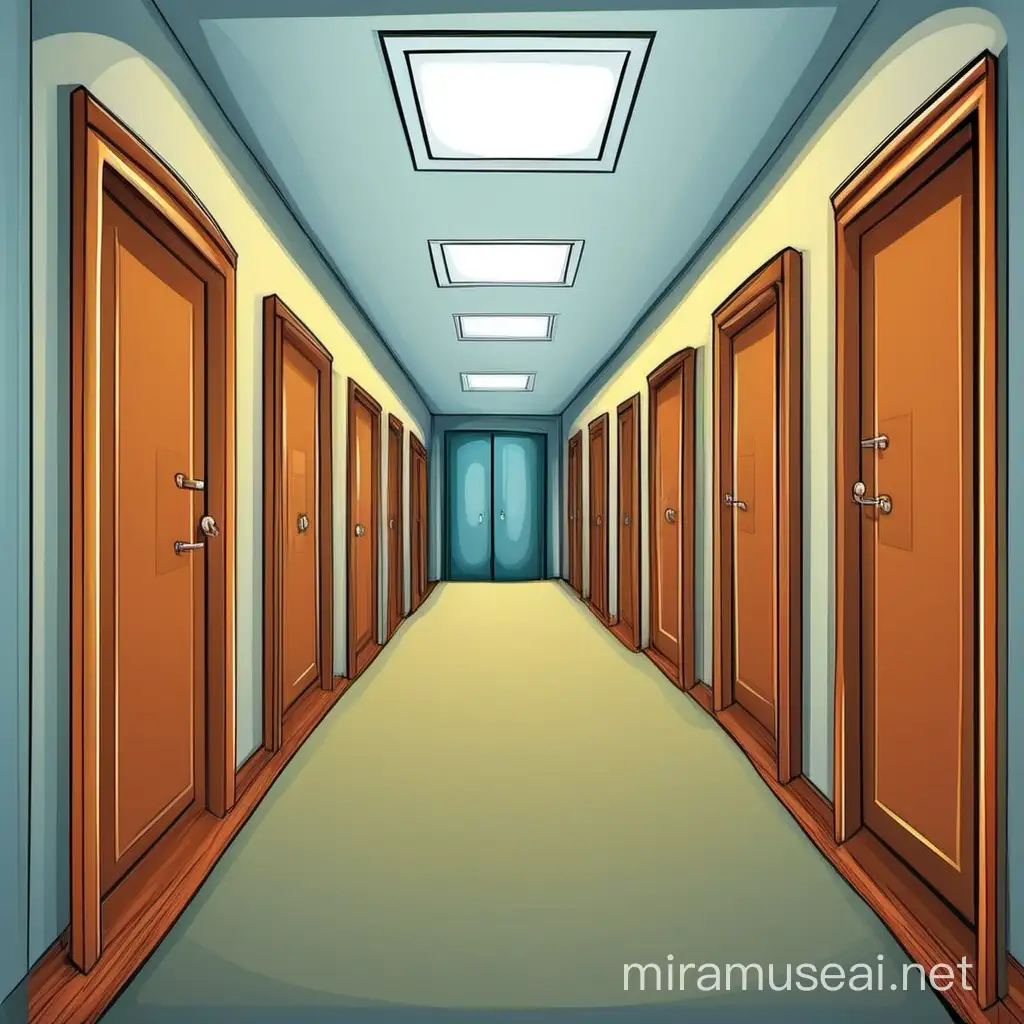 Colorful Cartoon Hallway with Nine Doors Side View Vector Illustration