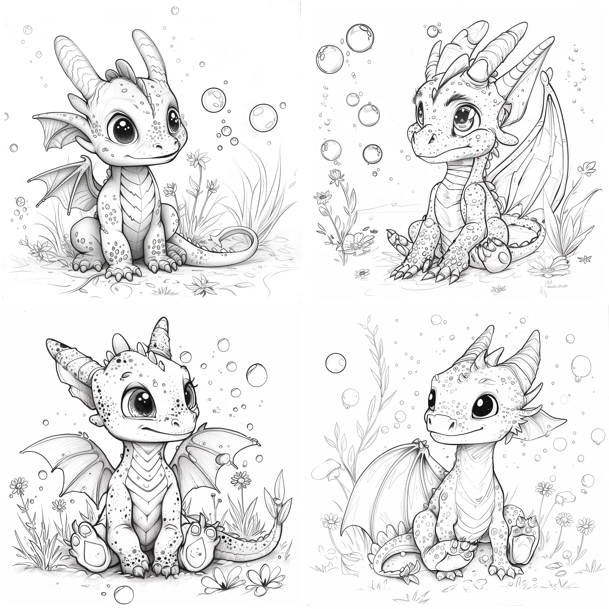 A cute and friendly little dragon is sitting on the floor, admiring the bubbles floating around him.  He has large, bright eyes, delicate little horns, and speckled skin.  His wings are rounded and his ears are pointed.  He seems happy and curious.  Around him, there are flowers and grass growing from the ground.  The drawing is in black and white without shading, perfect for coloring.