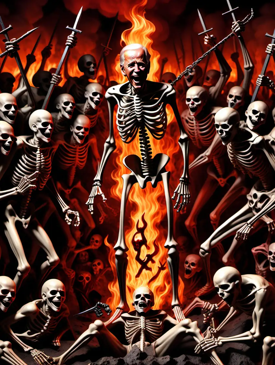 Joe Biden depicted as a skeleton in hell surrounded by devils being tortured in the french diablerie style