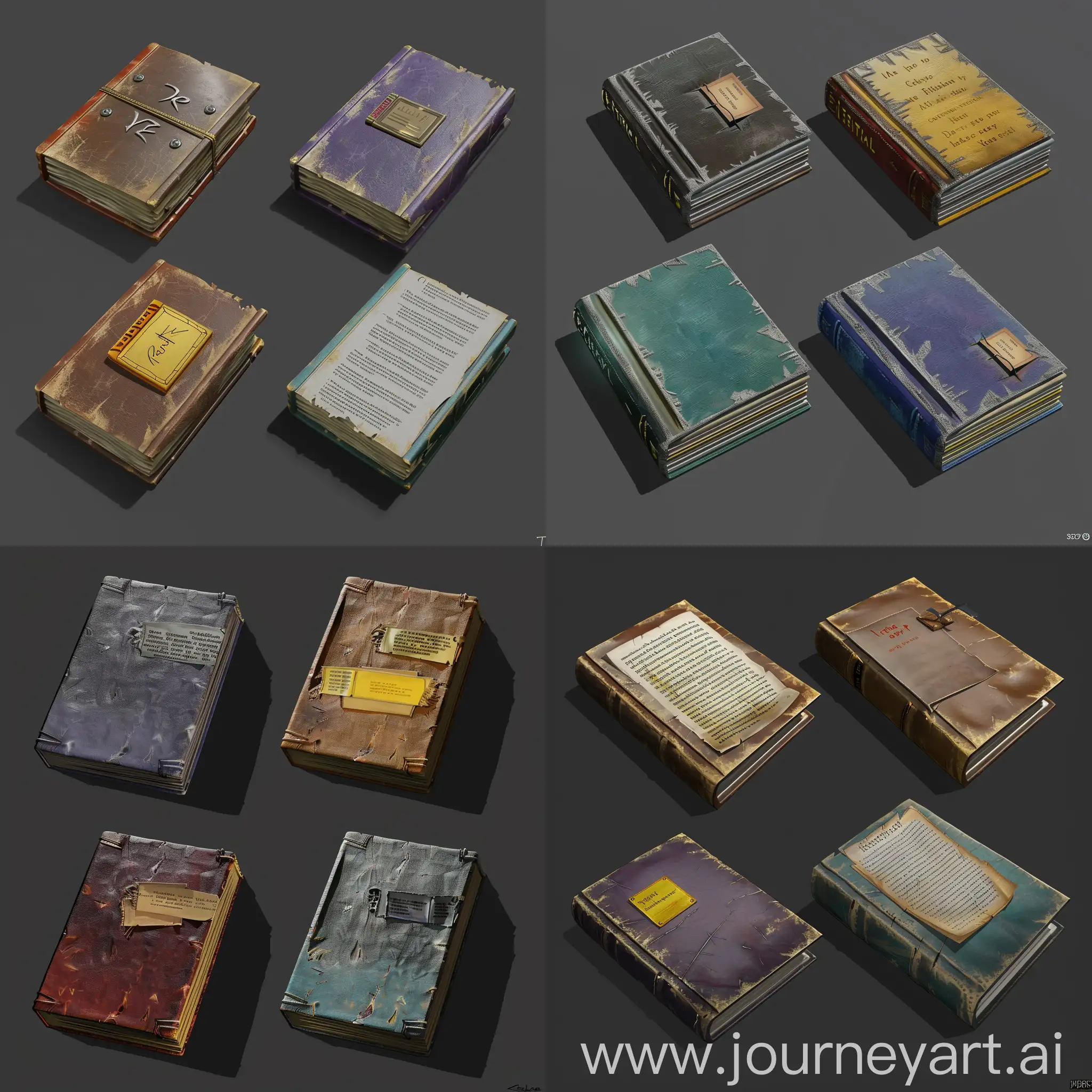 https://imgbly.com/ib/NhVu9noHmK.jpg realistic worn thin books without text in style of realistic 3d blender game asset, leather cover, realisic style