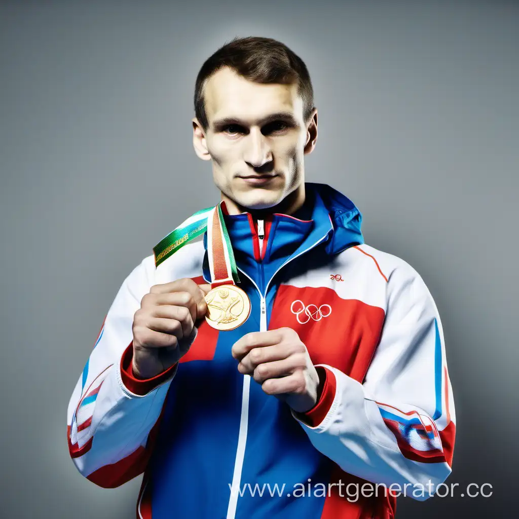 олимпийский российский чемпион держит медаль. цветное изображение