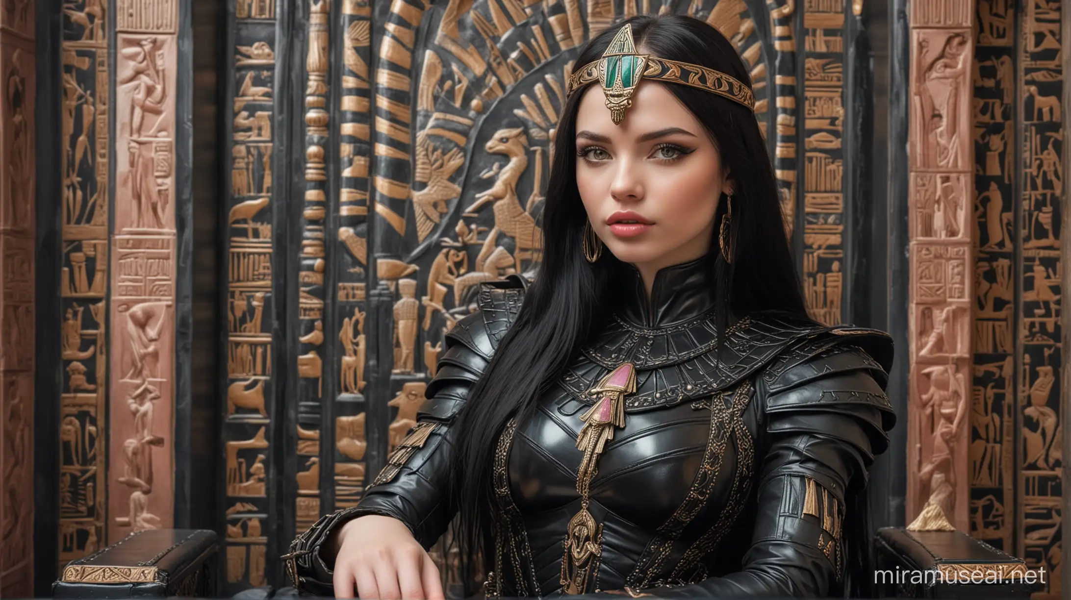 Stunningly beautiful young lady with long black hair and bright green eyes, pale skin and full pink lips, wearing black leather armour and sitting on an Egyptian throne