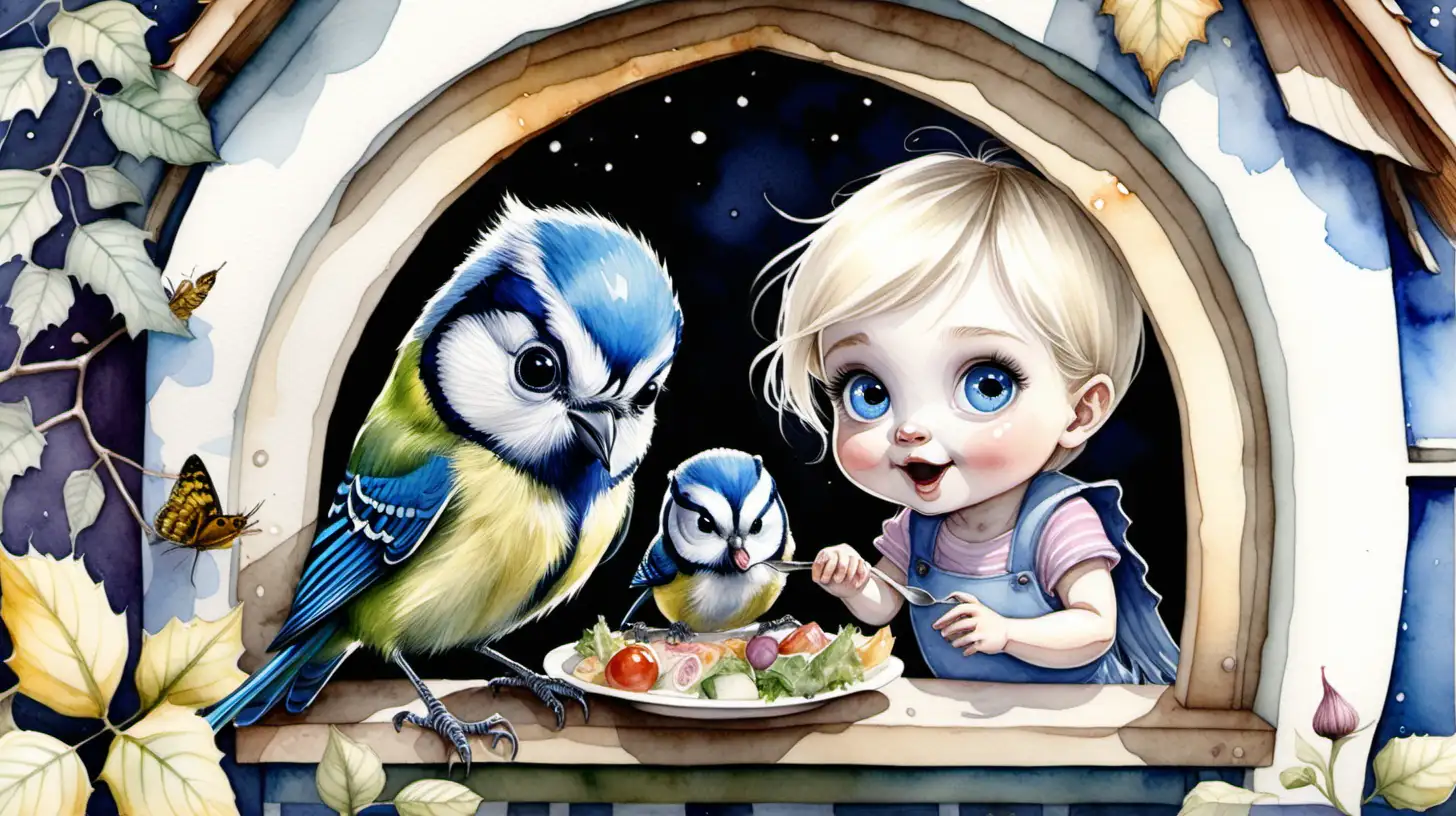 A watercolour painting. a darkhaired, blue eyed, adult male pixie and a blond human girl baby eating dinner in a fairy house. A blue tit is outside at the window.

