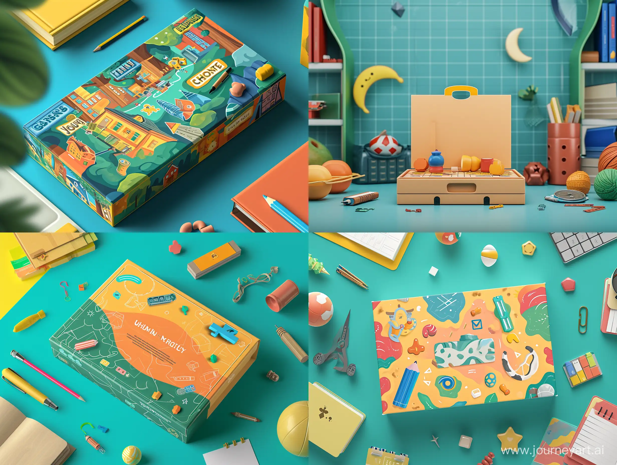 A mockup design of board game box, school items background