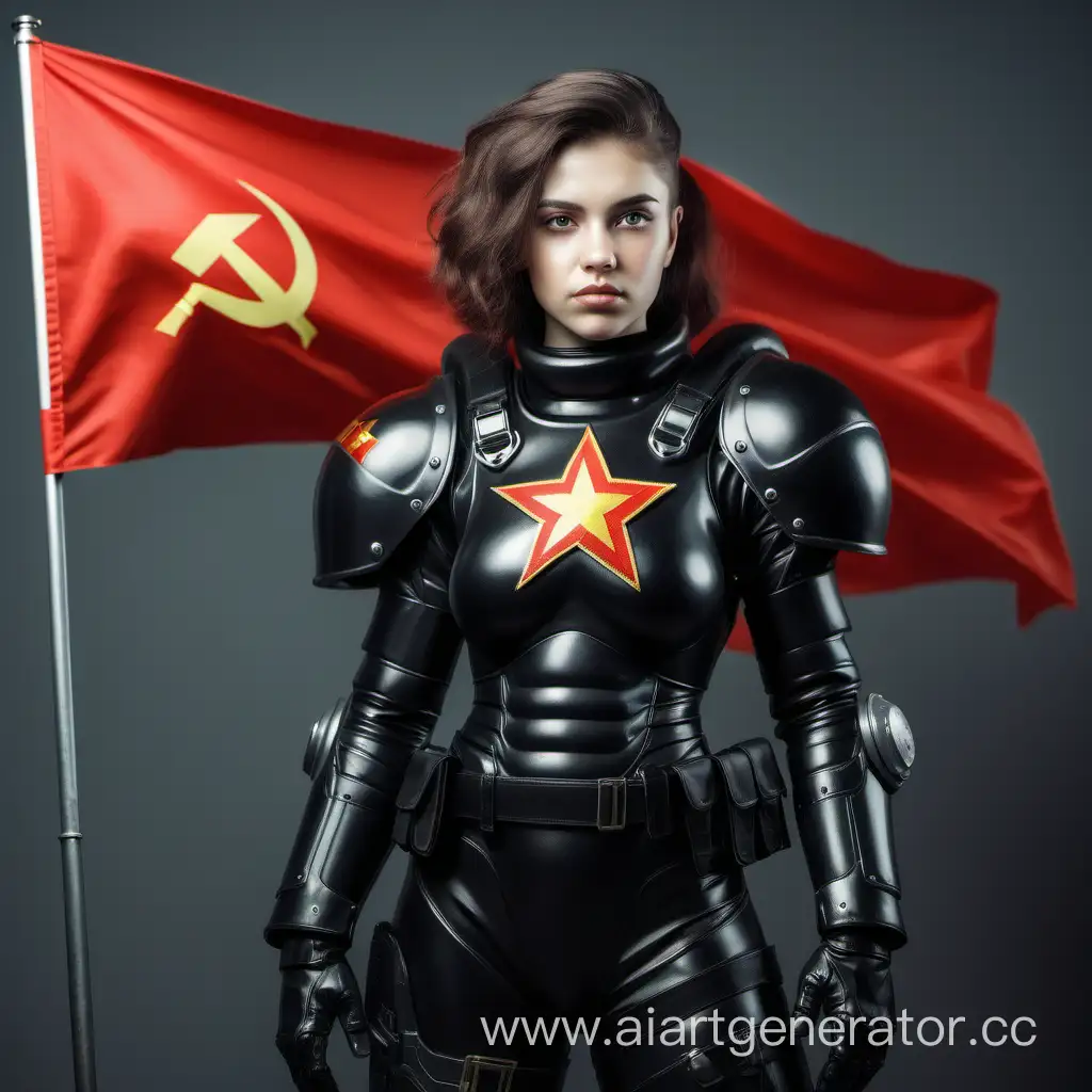 Военная девушка в чорной силовой броне  
с флагом СССР