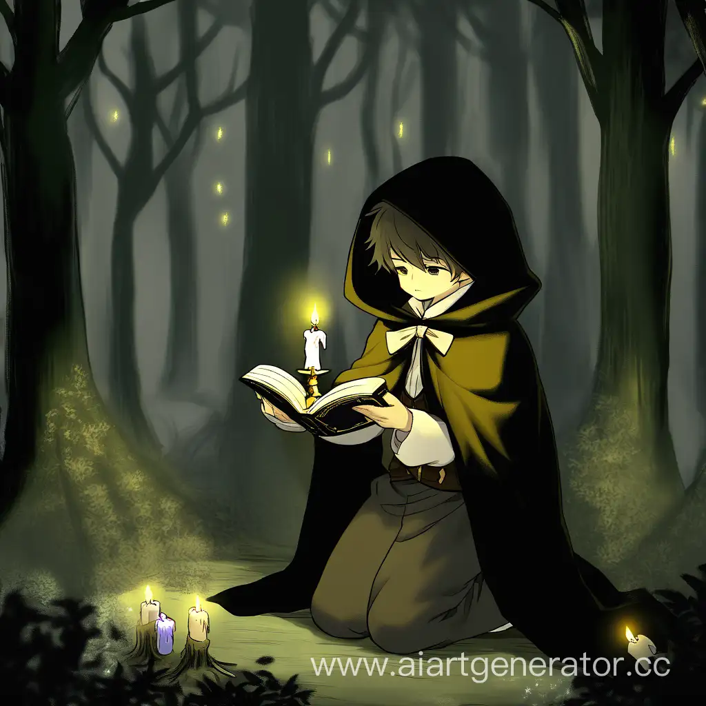 Мальчик-чернокнижник стоит на коленях в темном лесу со свечой в руках и книгой на коленях. Маленькие лучики луны освещают его, и он одет в плащ. 