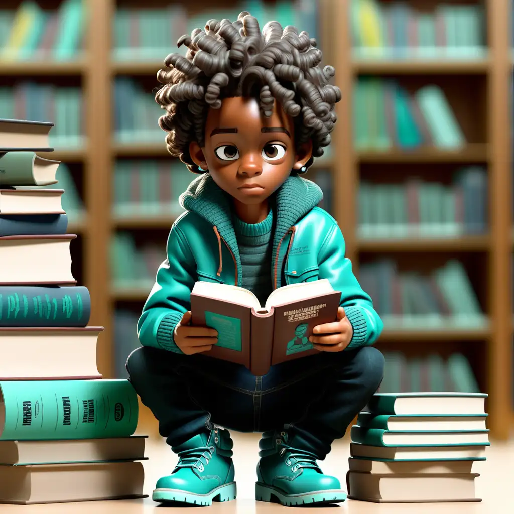 Generate images of two African American boys sitting on a stack of books in a library.  He has a short curly hair style with teal pullover jacket, black jeans and teal timberland boots. He is holding a book in his hands that says You can be an Engineer.