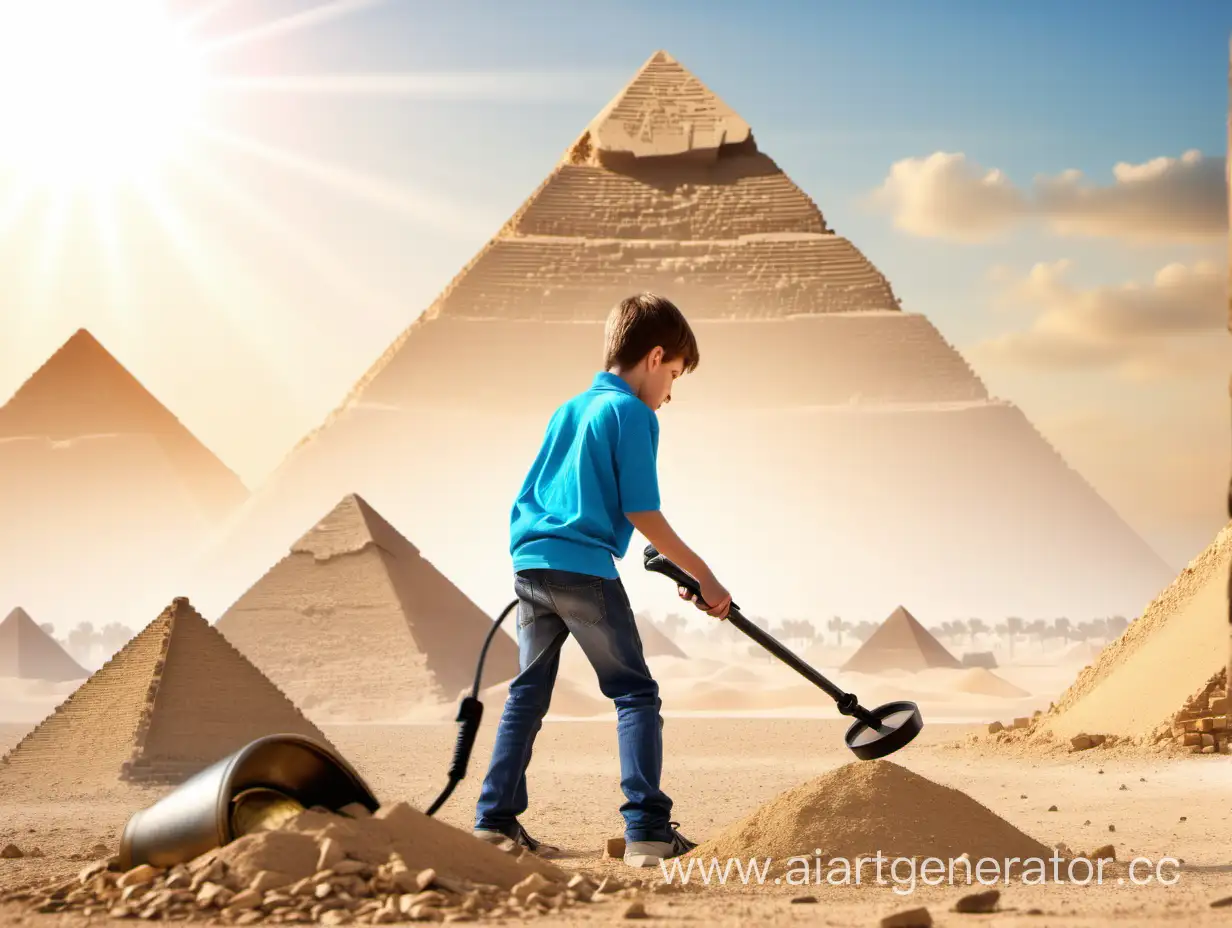 Мальчик лет 13, ищет золотую монету , металлоискателем , на фоне египетских пирамид .Лица не видно , вид со спины