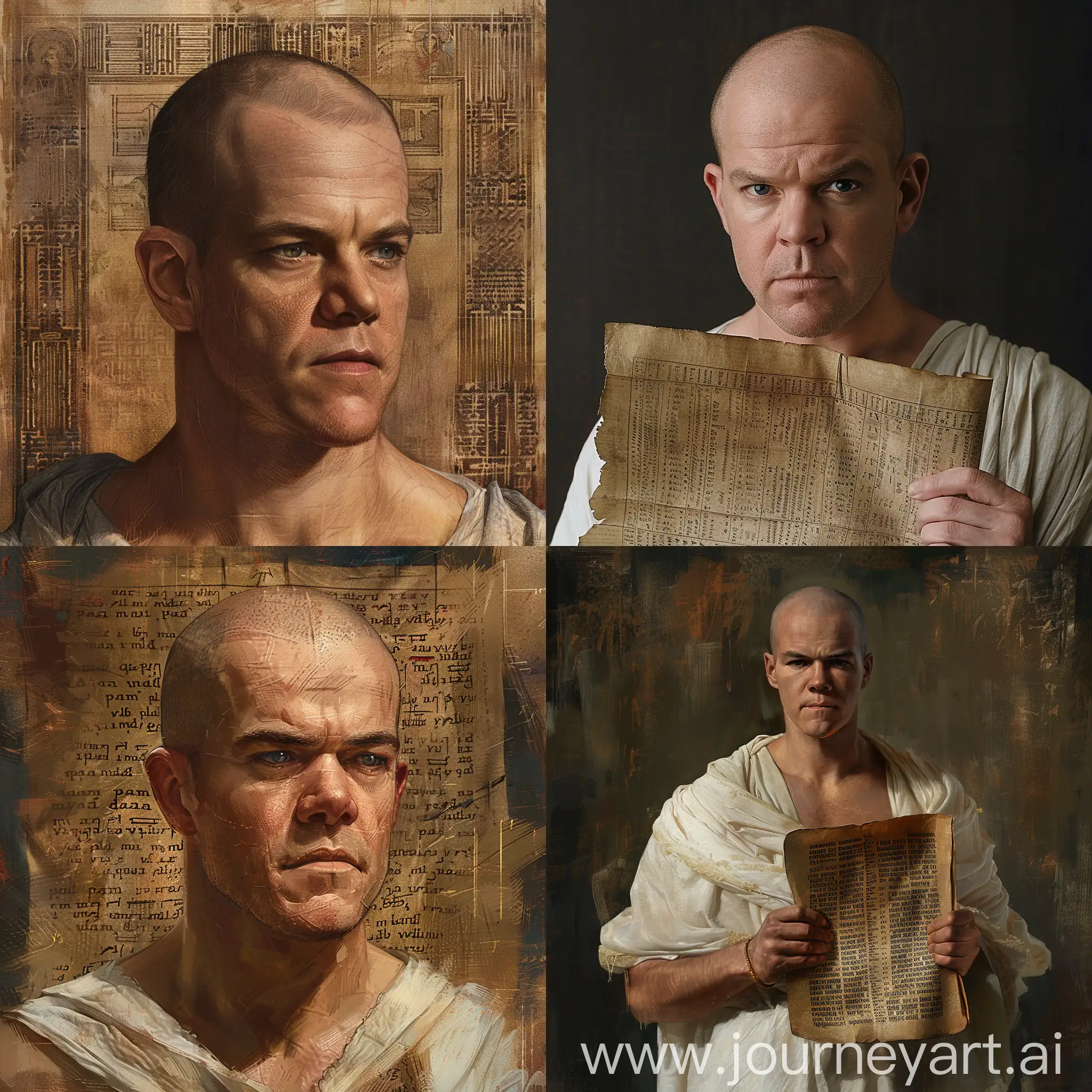 matt damon bald in the style of davincci as a papyrus from the bible