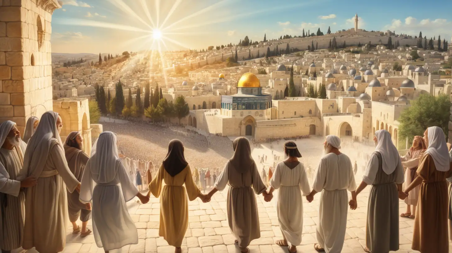 époque biblique, un cercle de personnes se tenant par la main, hommes femmes enfants personnes agées, tous très joyeux, en fond la ville de Jérusalem en plein été, soleil éclatant