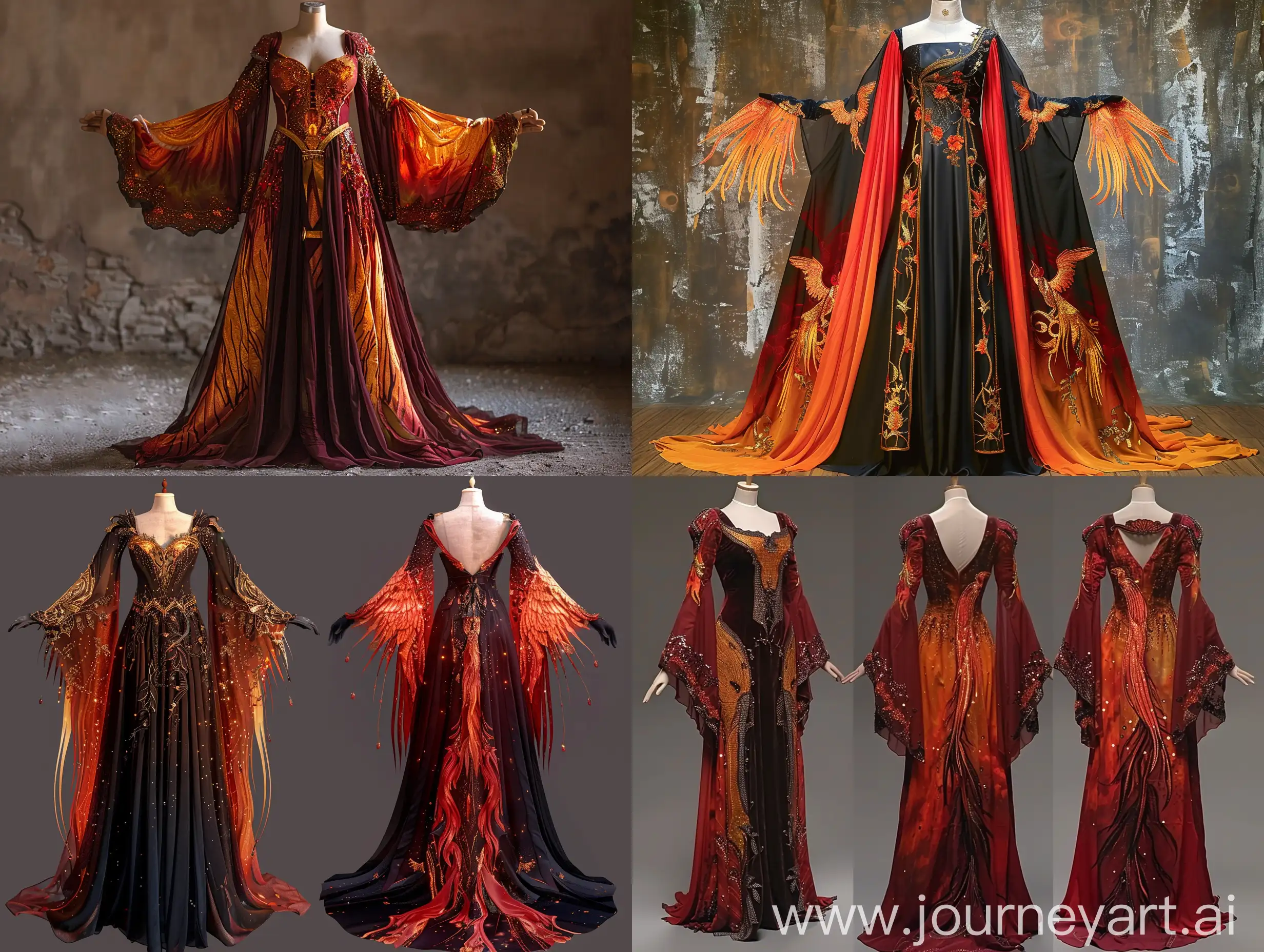 Design me a feminine and aristocratic custom dress inspired by phoenix and fire, with very long sleeves and length. Also, the clothes should have many and detailed details