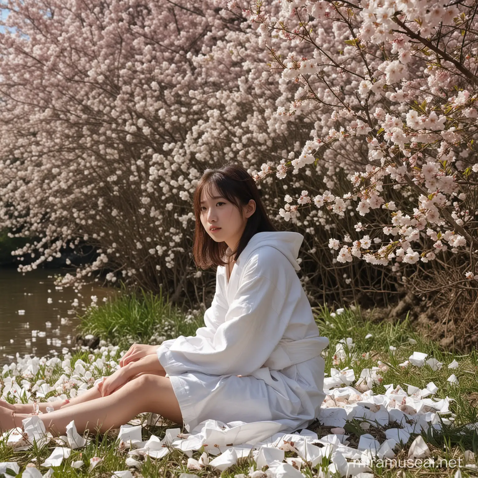 写真、実写、鮮明、高解像度、高画質、16歳の日本人の女の子、彼女は茂みに隠れてトイレットペーパーを持って座っています、満開の桜、川沿いの土手