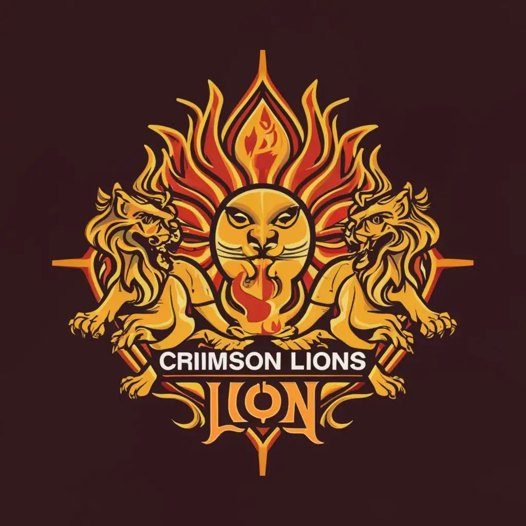 a logo design,with the text "Crimson Lions", main symbol:location that burns like a sun whose eyes are hungry to hunt in evening sunset with one woman and men standing with fire and ice on both sides,complex,be used in Events industry,clear background