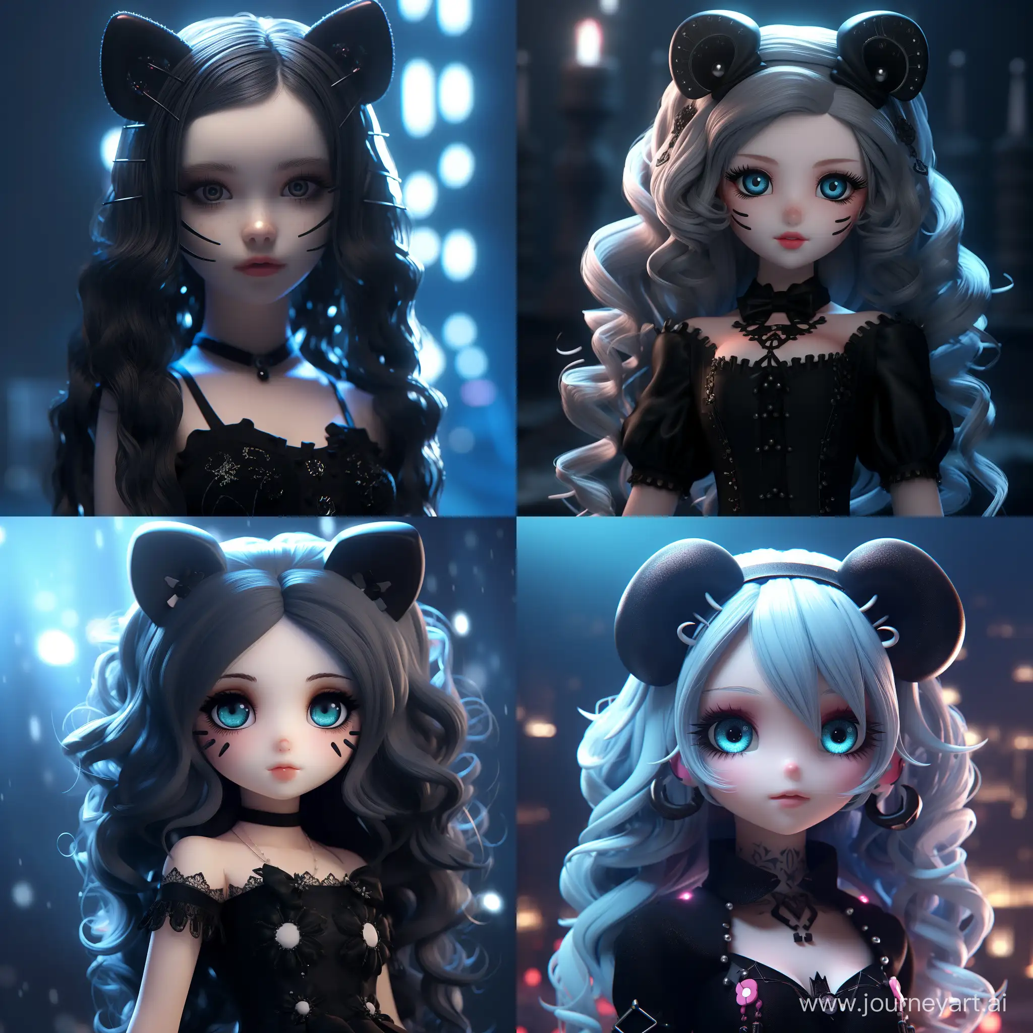 hello kitty, dark long hair, goth makeup, cute, 4k render, unreal engine, high quality, cinematic light, main fosuc, blur background, cyan lights