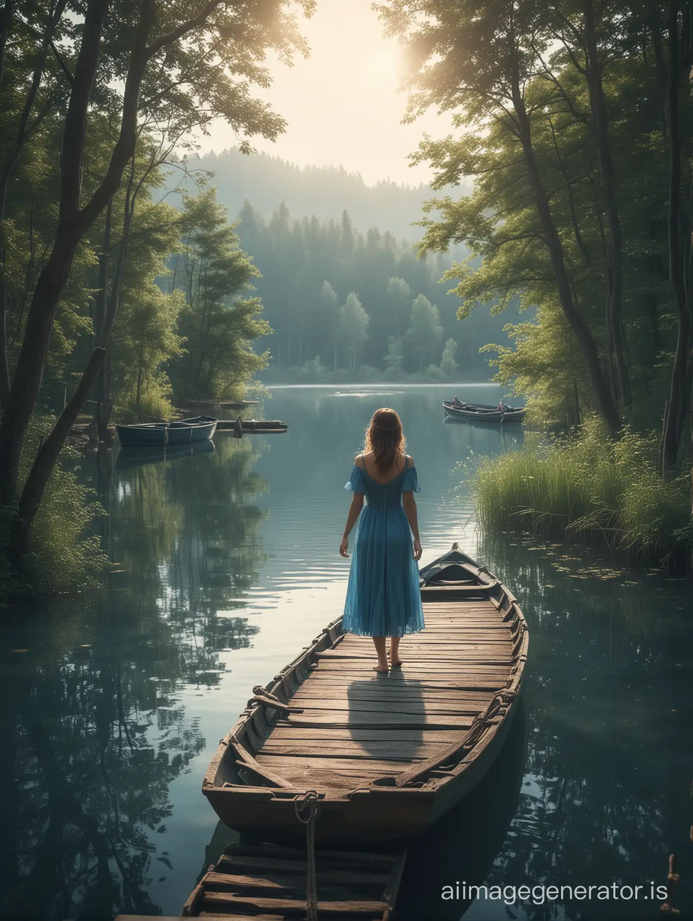 A beautiful woman in a blue dress standing on a wooden bridge near a rowboat, lake, and trees, in the style of fantasy, fantasy landscape, cinematic light, cinematic shot, hyper realistic photography.