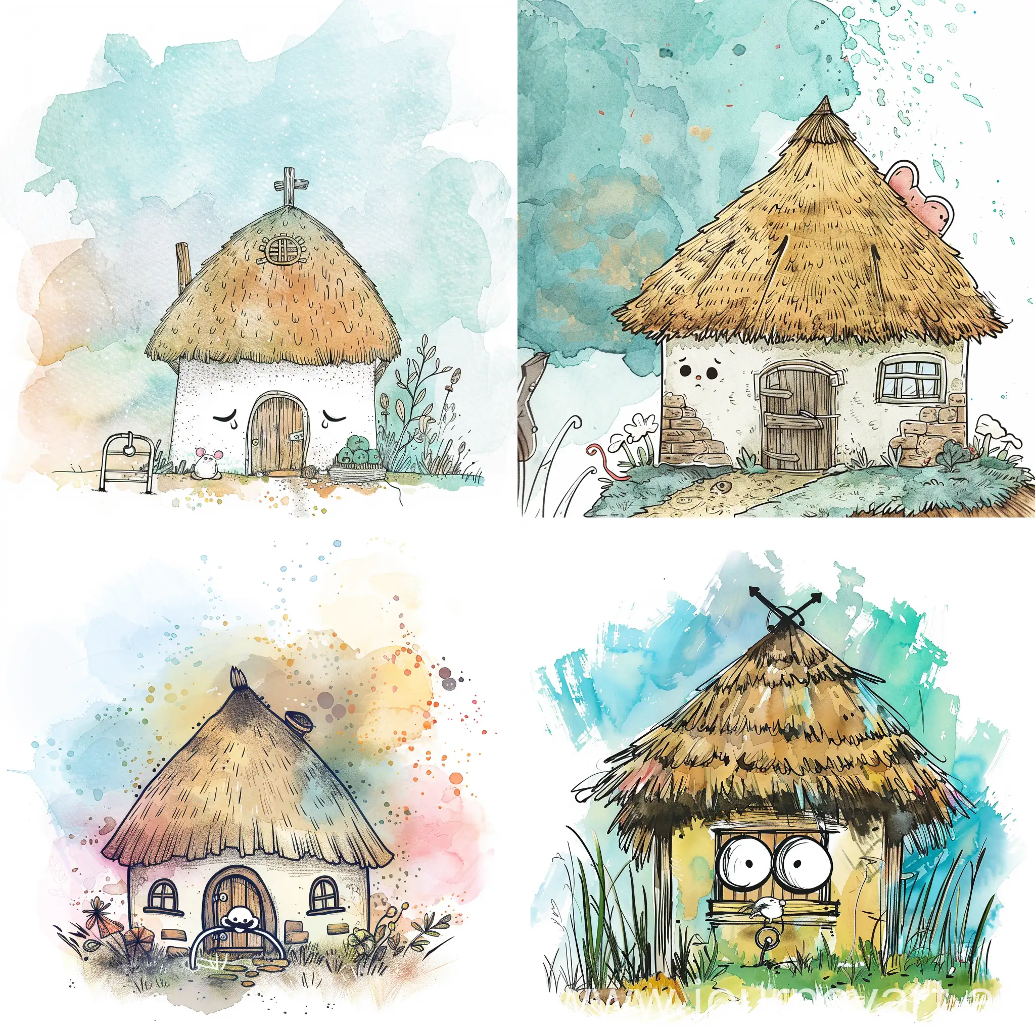 Inspired by fairy tales, this minimalist drawing sketch features a thatched cottage, ((sad face of a mouse caught in a mousetrap))(focus) colorful background design, and whimsical characters to catch the eye and spark the imagination of young readers. Simple, Illustration, Watercolor, Rough, Cute, Webtoon style