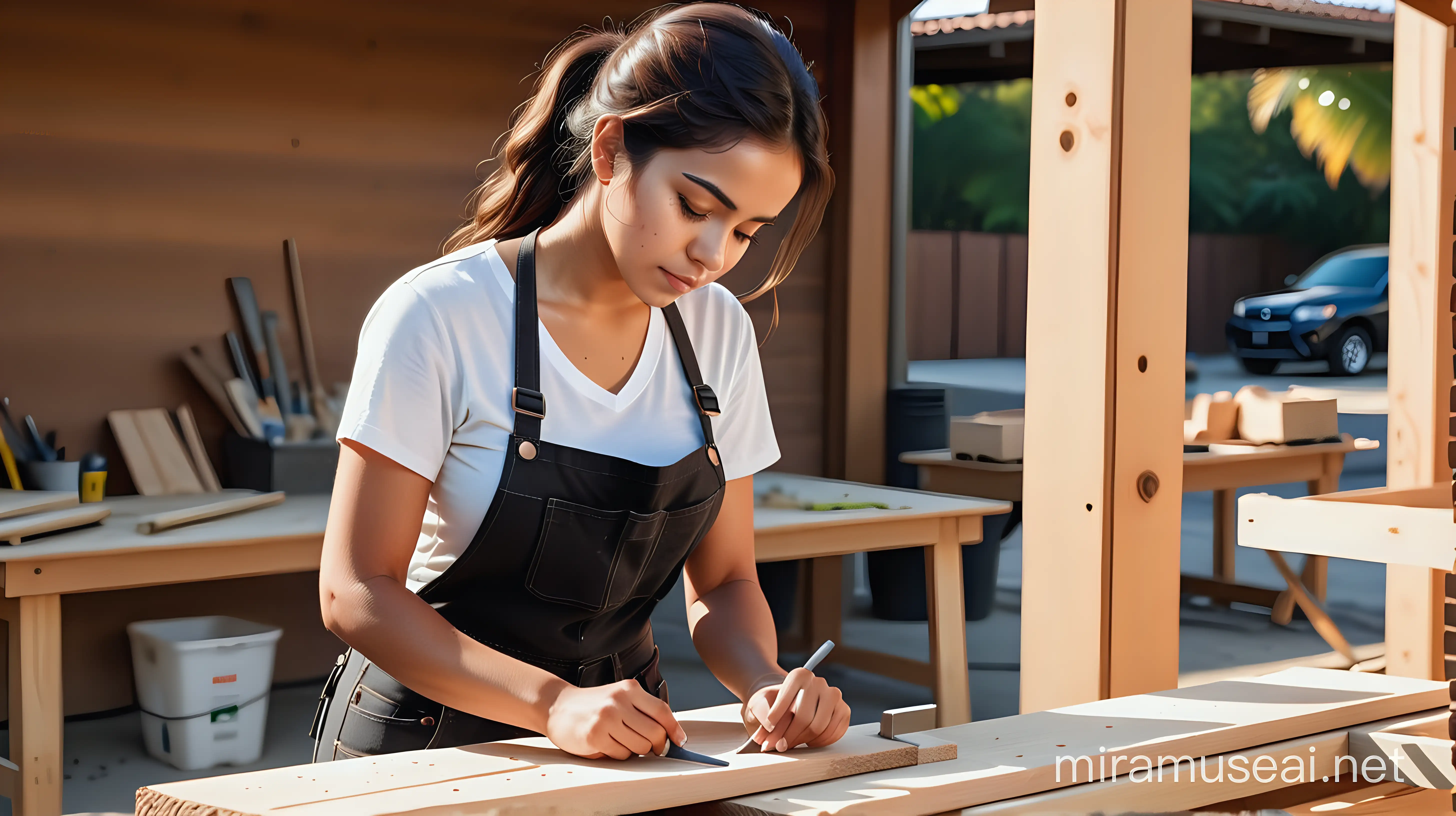 Young latina (dark complexion) carpenter working at her outside 
workstation
