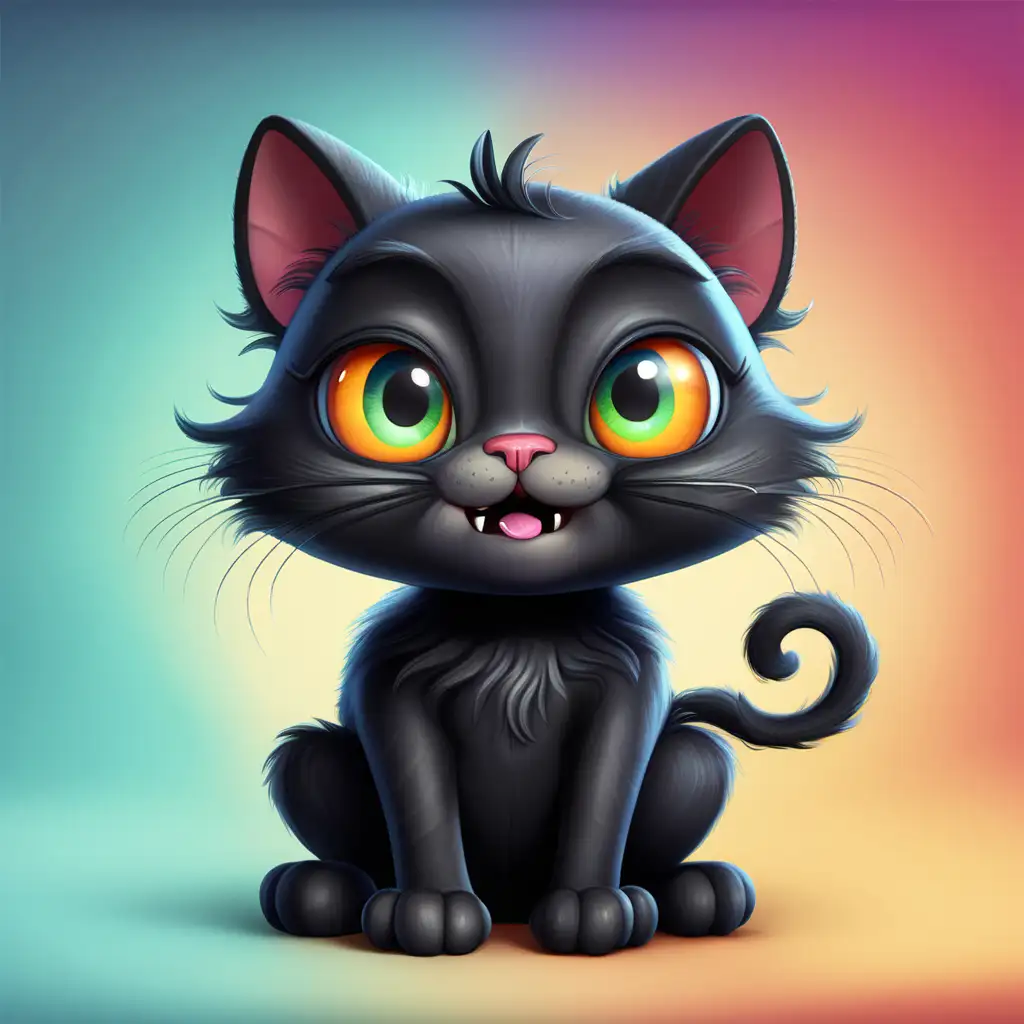 stwórz postać zwariowanego czarnego kota na tle kolorystycznym