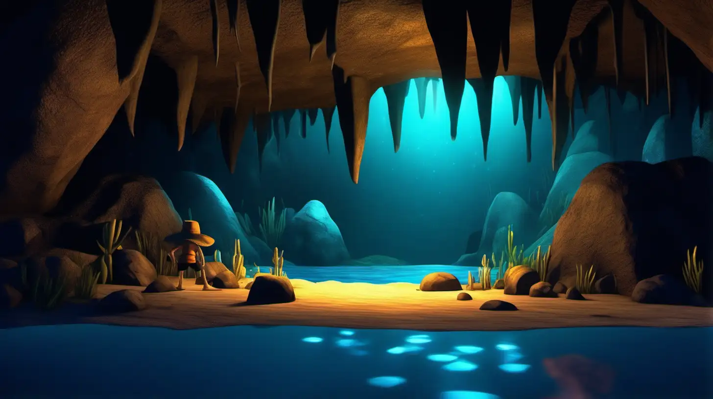 cave at night with water at the bottom of screen  pixar style Maya style
