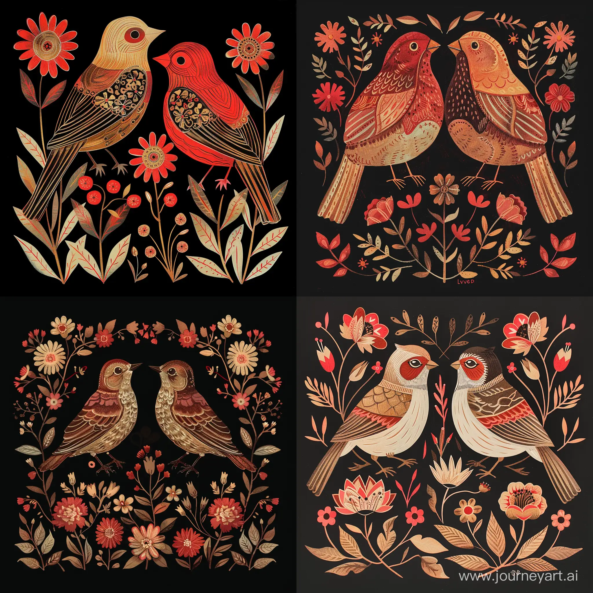 two birds sitting in a garden with flowers on black, in the style of folk art-inspired illustrations, light red and dark amber, editorial illustrations, velvia, folkloric, high-contrast shading, wood
