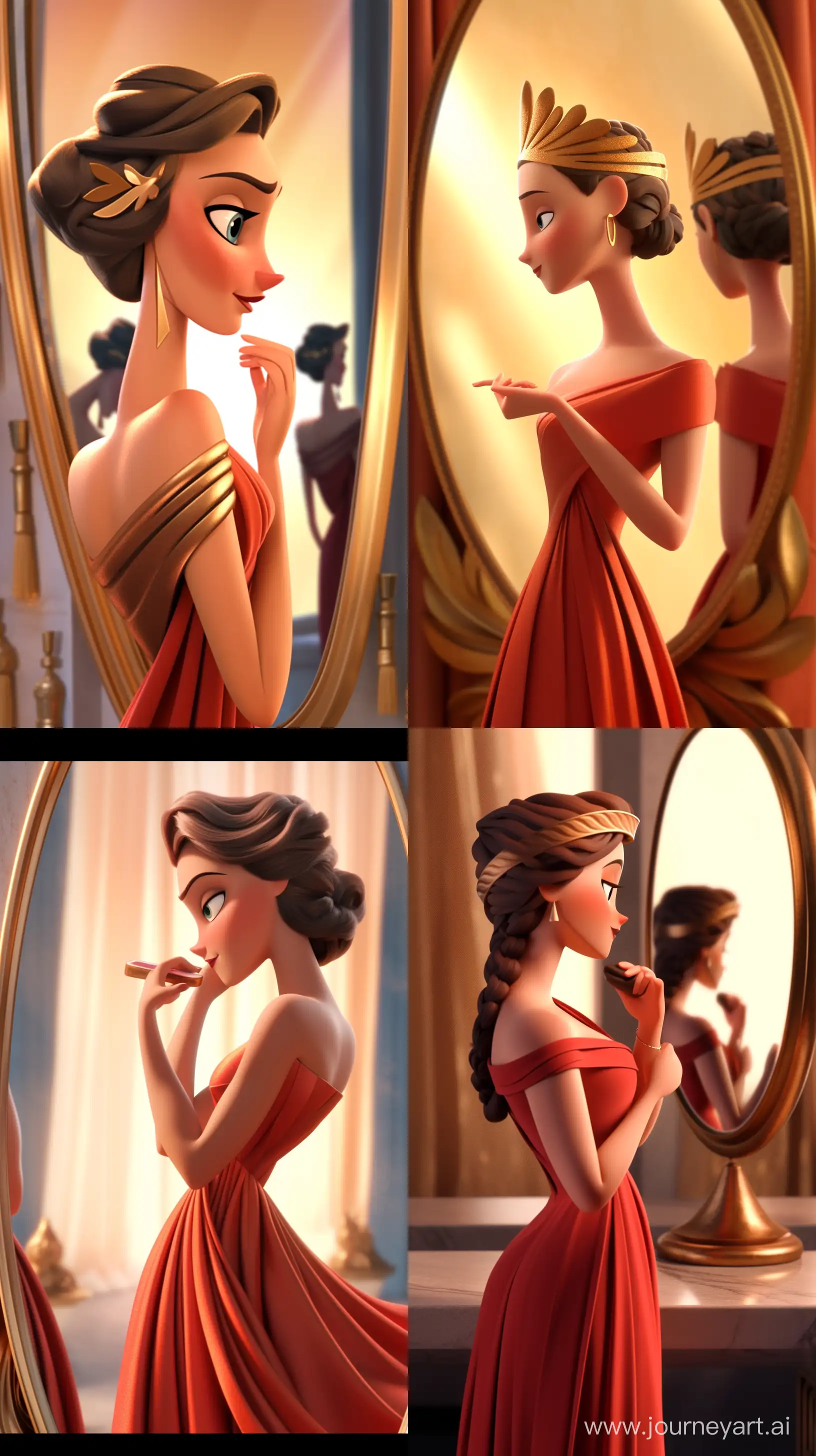 portrait of a greek goddess, looking at her own reflection in the mirror, 3D animation, pixar style, ultra HD --niji --ar 9:16
